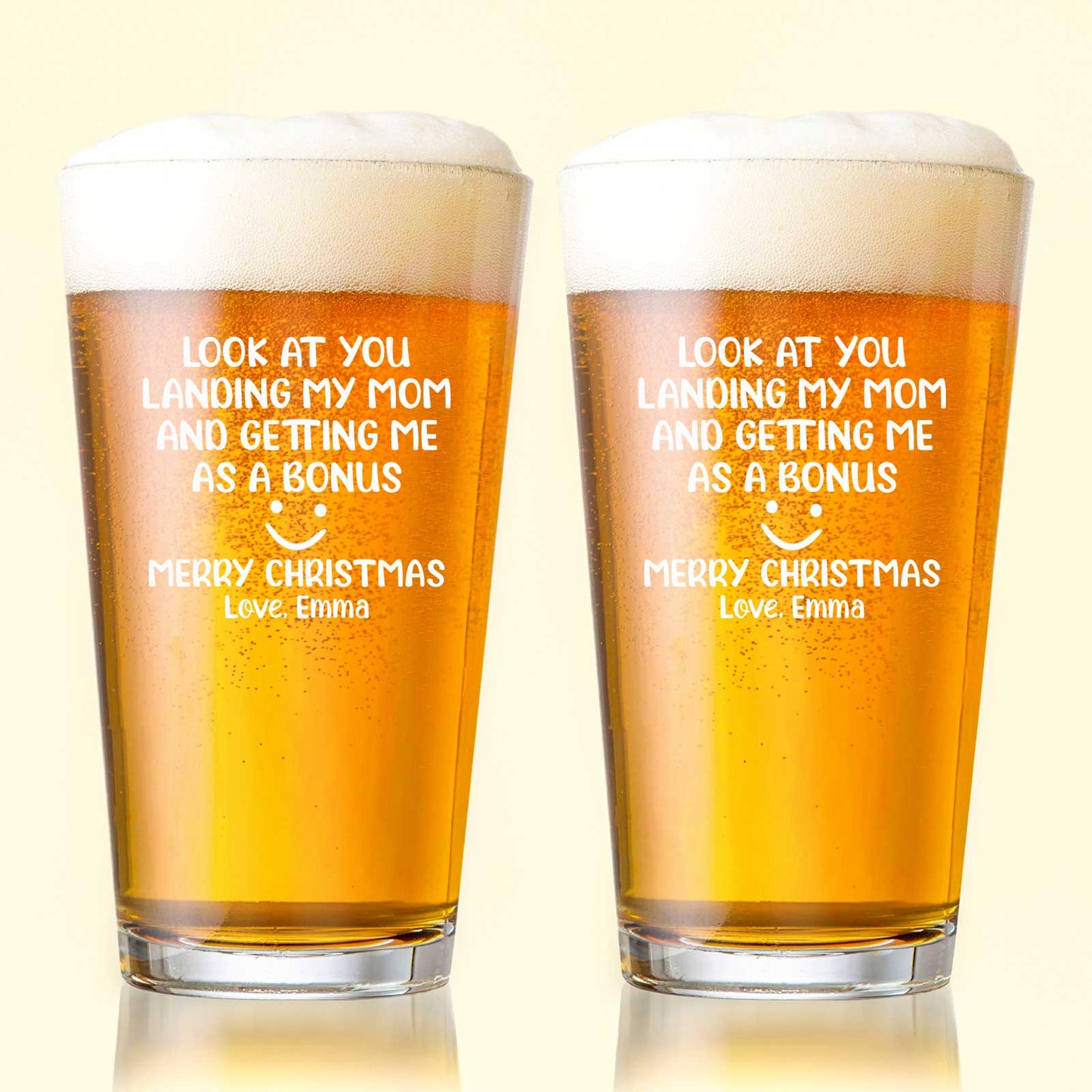 Family - Look At You Landing My Mom And Getting Me As A Bonus - Personalized Whiskey Glass & Beer Glass