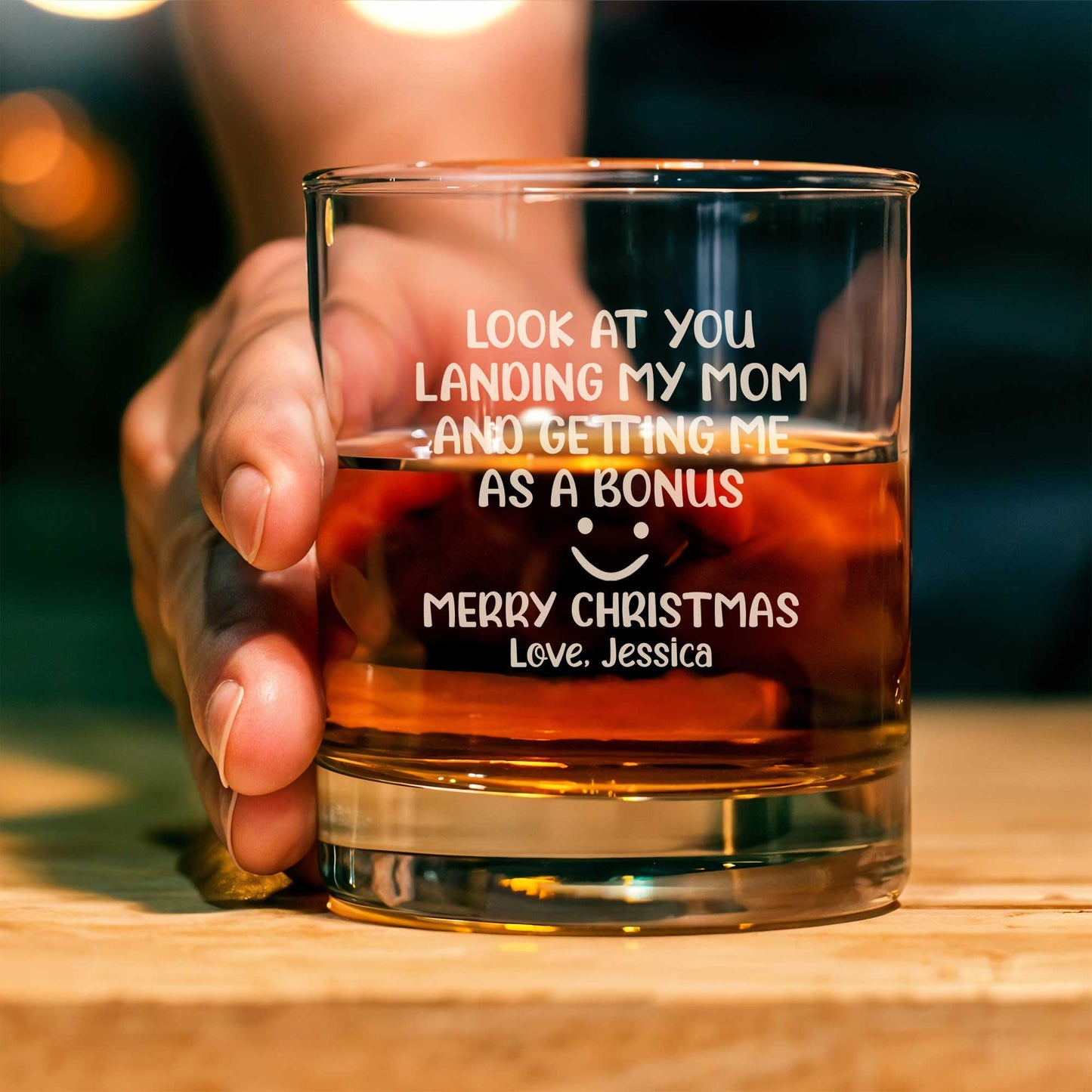 Family - Look At You Landing My Mom And Getting Me As A Bonus - Personalized Whiskey Glass & Beer Glass