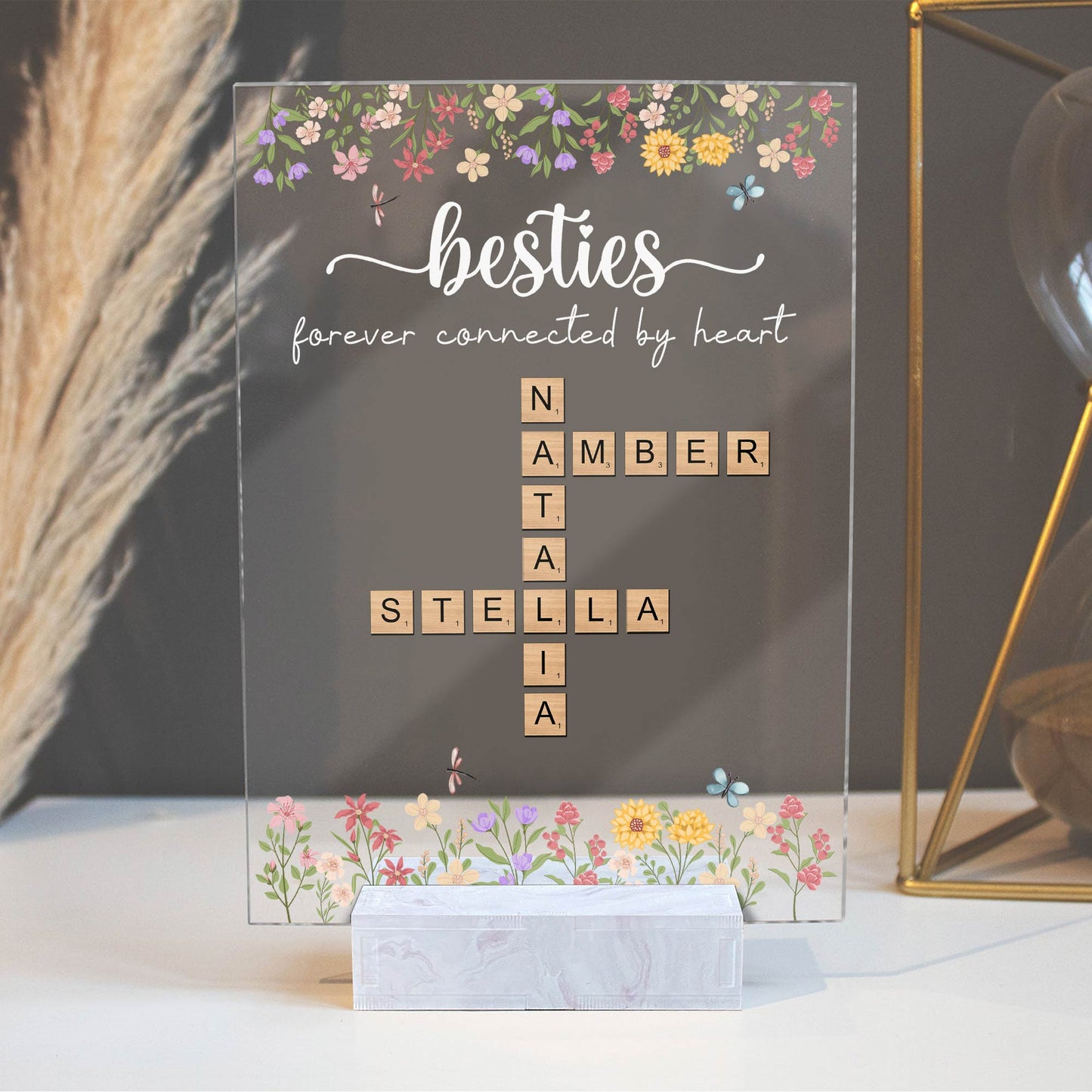 Bestie - Forever Connected By Heart - Personalized Crossword Acrylic Plaque