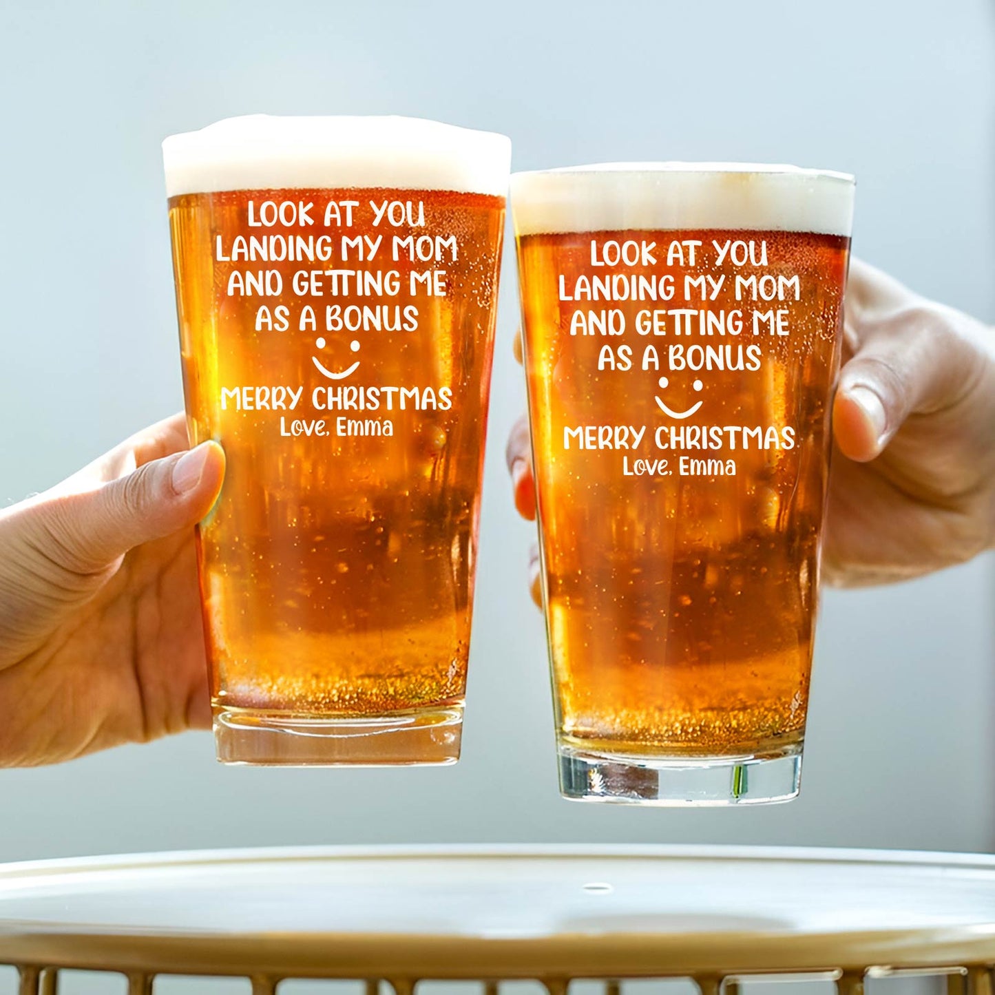 Family - Look At You Landing My Mom And Getting Me As A Bonus - Personalized Whiskey Glass & Beer Glass
