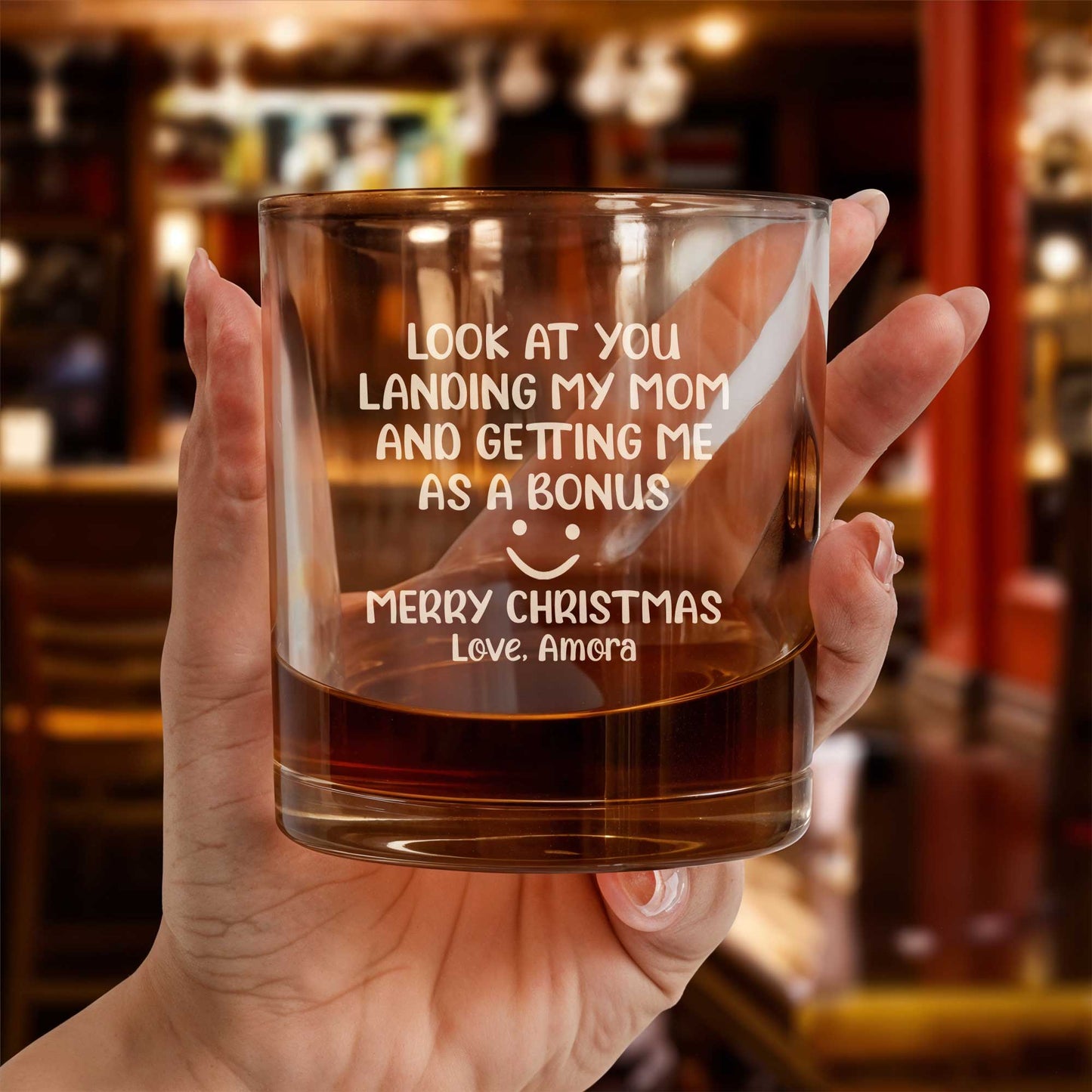 Family - Look At You Landing My Mom And Getting Me As A Bonus - Personalized Whiskey Glass & Beer Glass