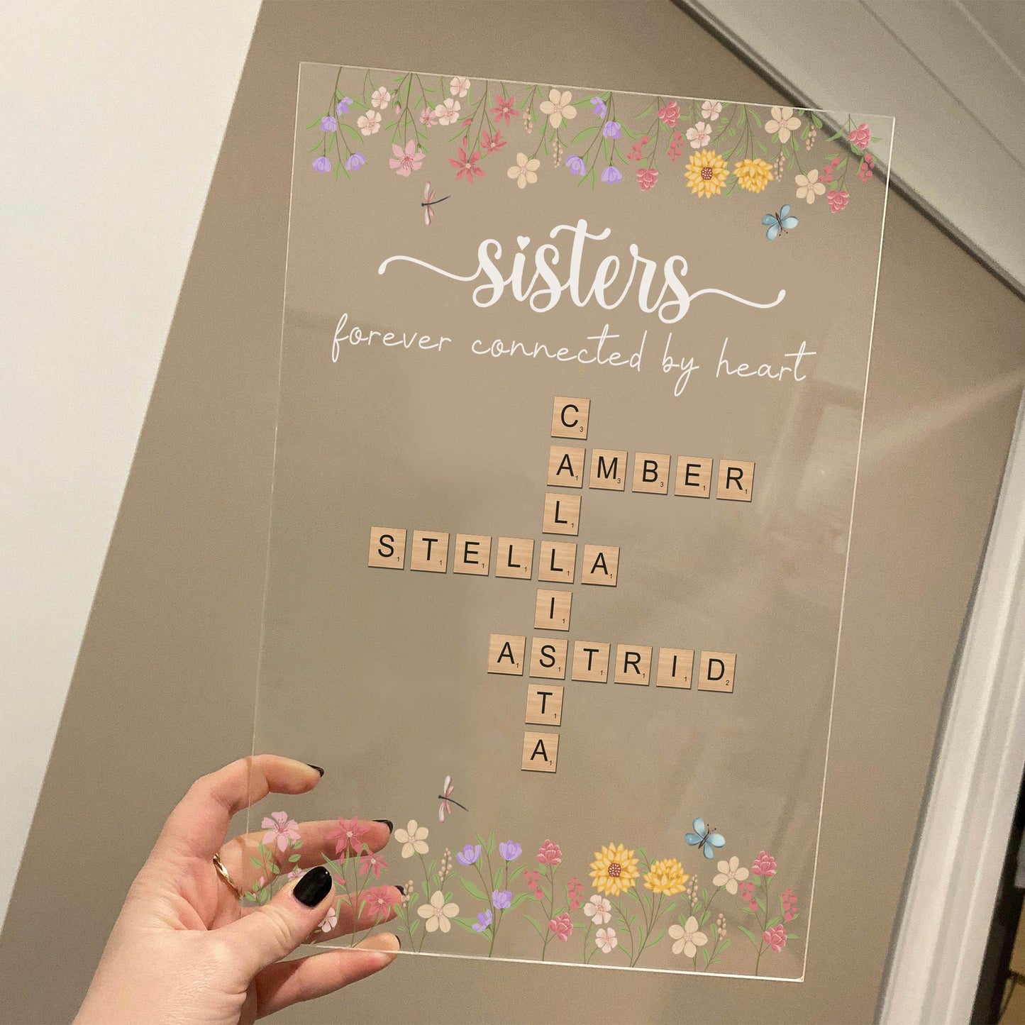 Bestie - Forever Connected By Heart - Personalized Crossword Acrylic Plaque