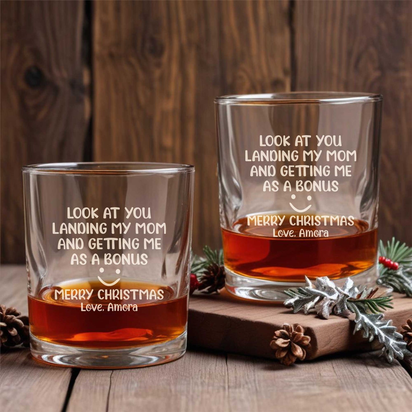 Family - Look At You Landing My Mom And Getting Me As A Bonus - Personalized Whiskey Glass & Beer Glass