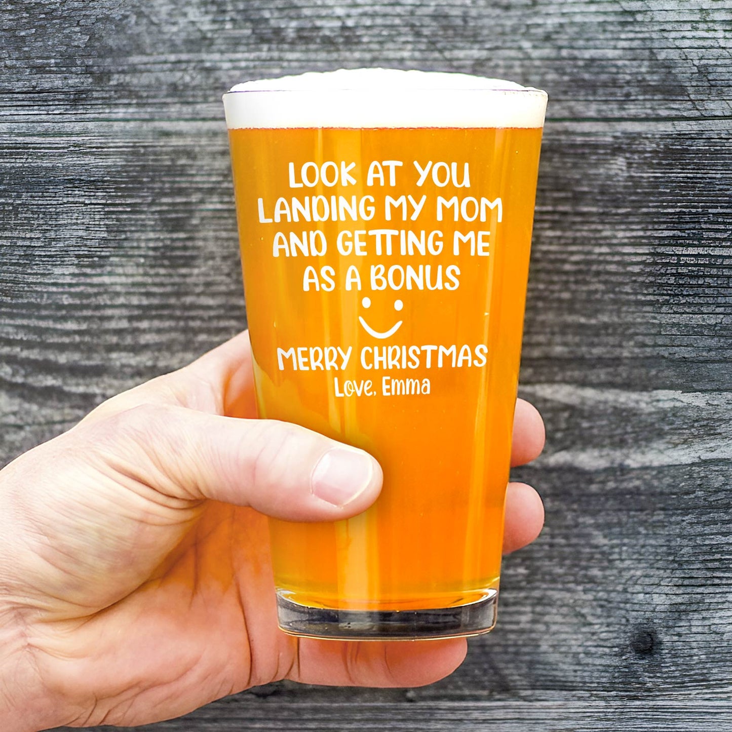 Family - Look At You Landing My Mom And Getting Me As A Bonus - Personalized Whiskey Glass & Beer Glass