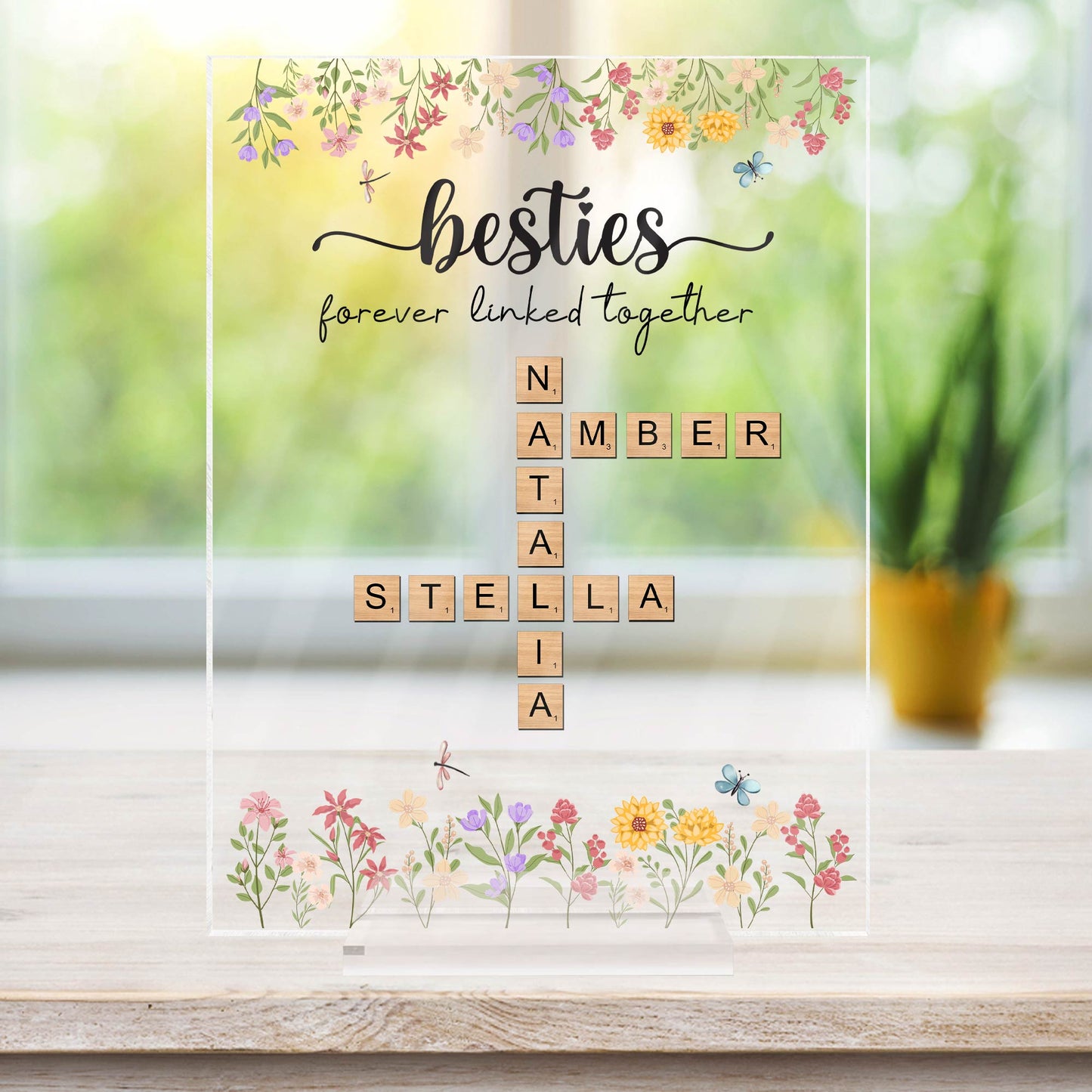 Bestie - Forever Connected By Heart - Personalized Crossword Acrylic Plaque
