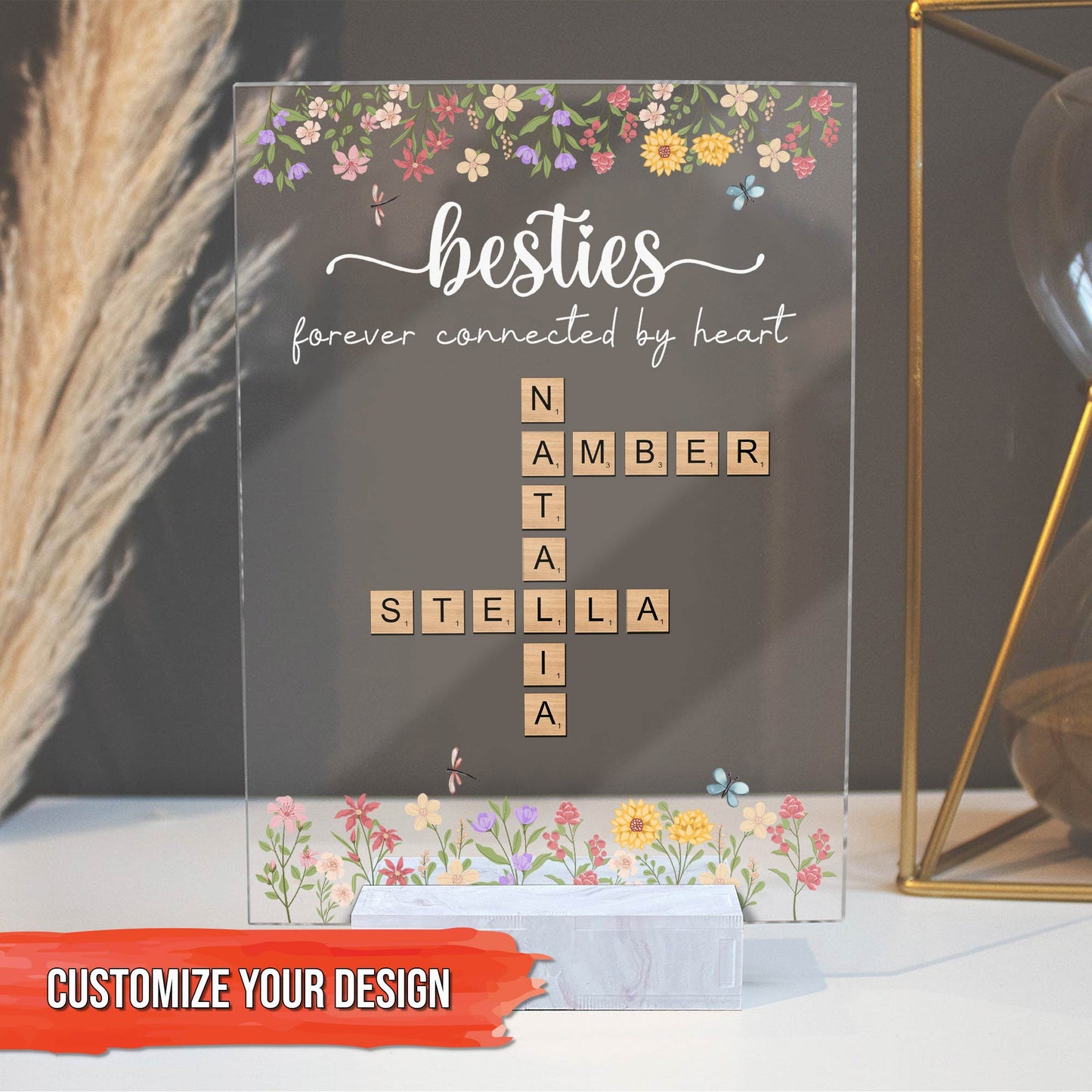 Bestie - Forever Connected By Heart - Personalized Crossword Acrylic Plaque