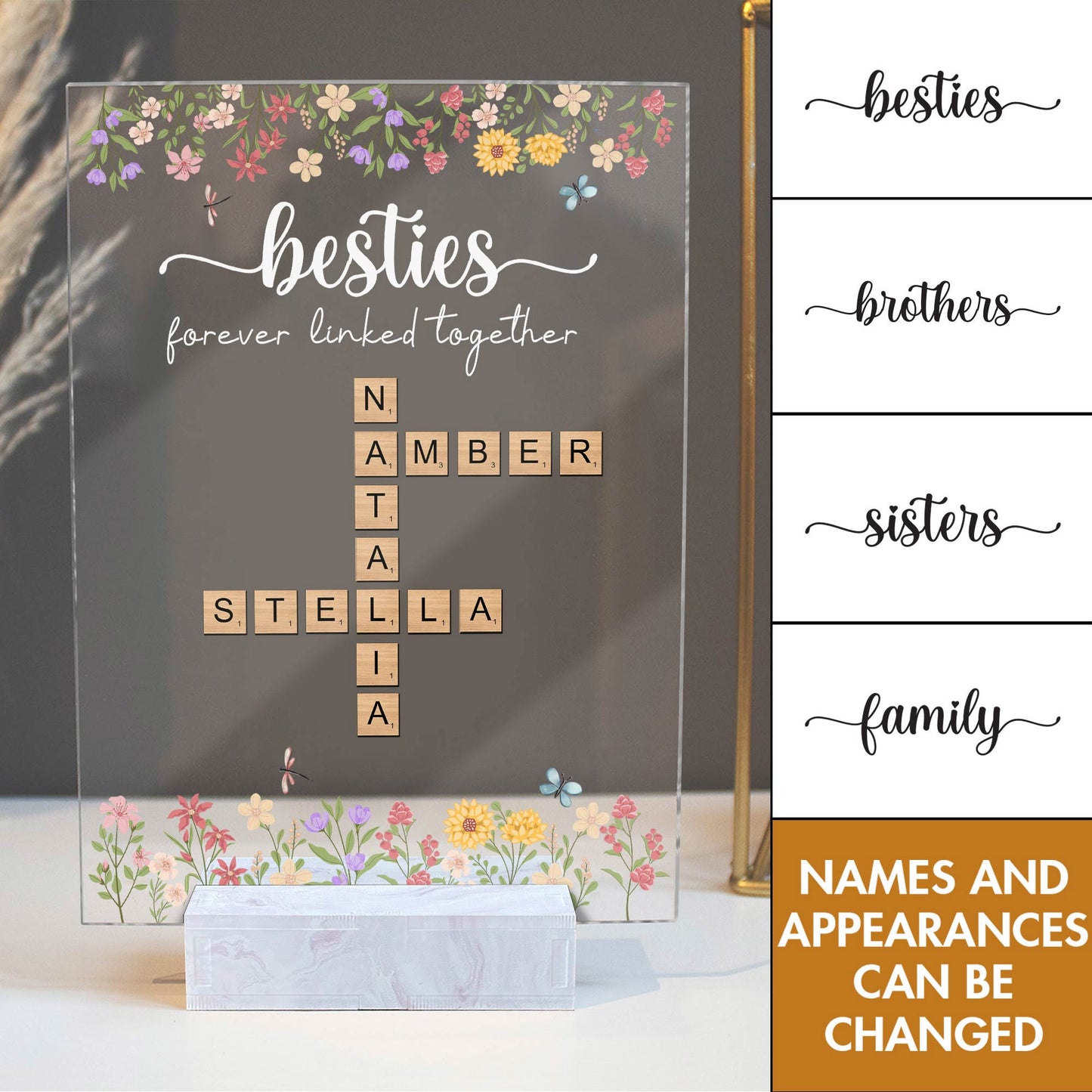 Bestie - Forever Connected By Heart - Personalized Crossword Acrylic Plaque