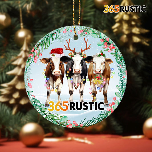 Christmas - Cow Reindeer Wearing Santa Hat - Personalized Ceramic Ornament
