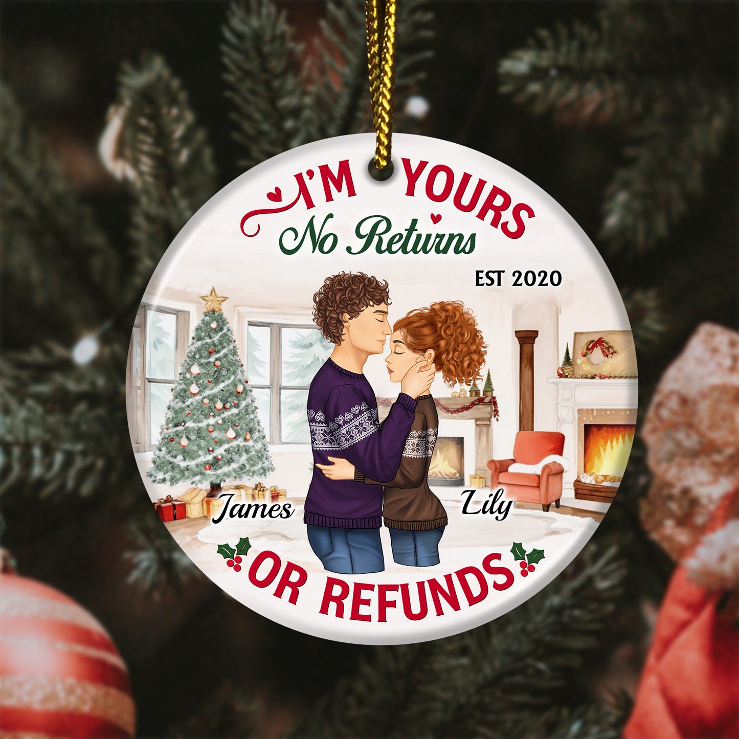 Couple - No Returns Or Refunds - Personalized Circle Ceramic Ornament