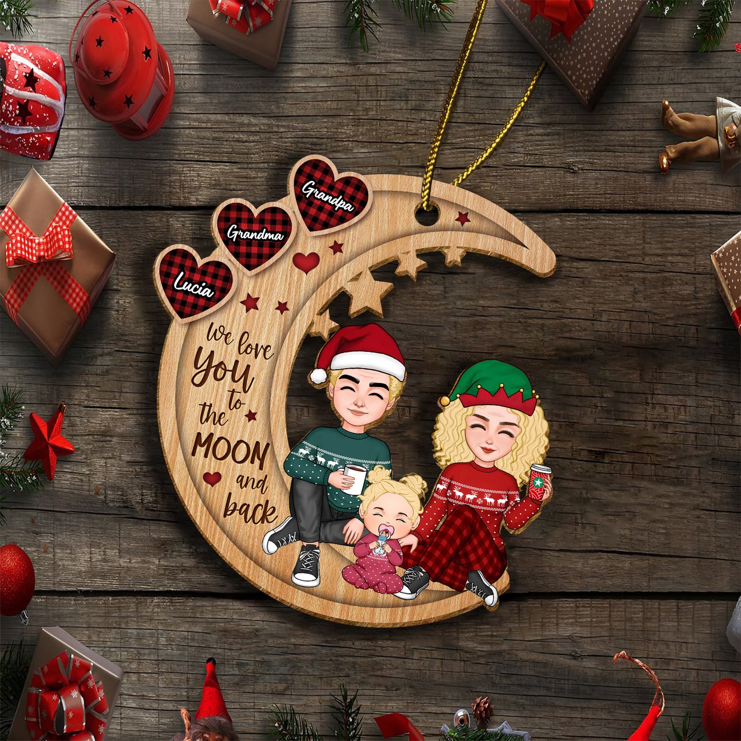 Family - Checkered Pattern Heart Cute Grandma & Grandkid Sitting On Moon - Personalized Wooden Ornament