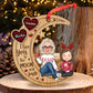 Family - Checkered Pattern Heart Cute Grandma & Grandkid Sitting On Moon - Personalized Wooden Ornament