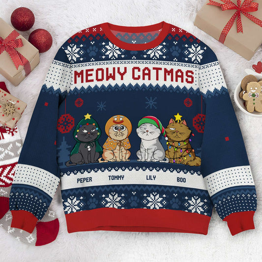 Pet Lovers - Meowy Catmas Funny Cartoon Cats - Personalized Ugly Sweater