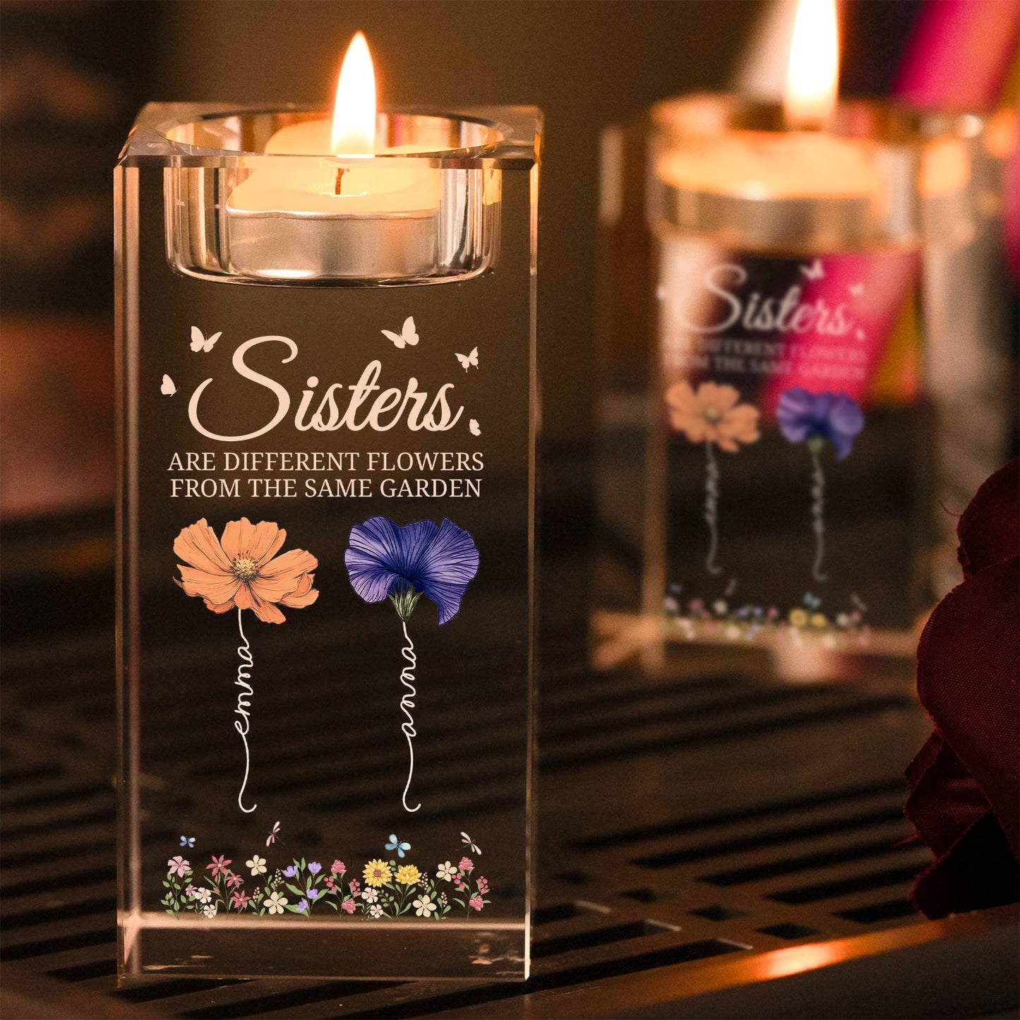 Bestie - Sisters Are Different Flowers From The Same Garden - Personalized Crystal Candle Holder