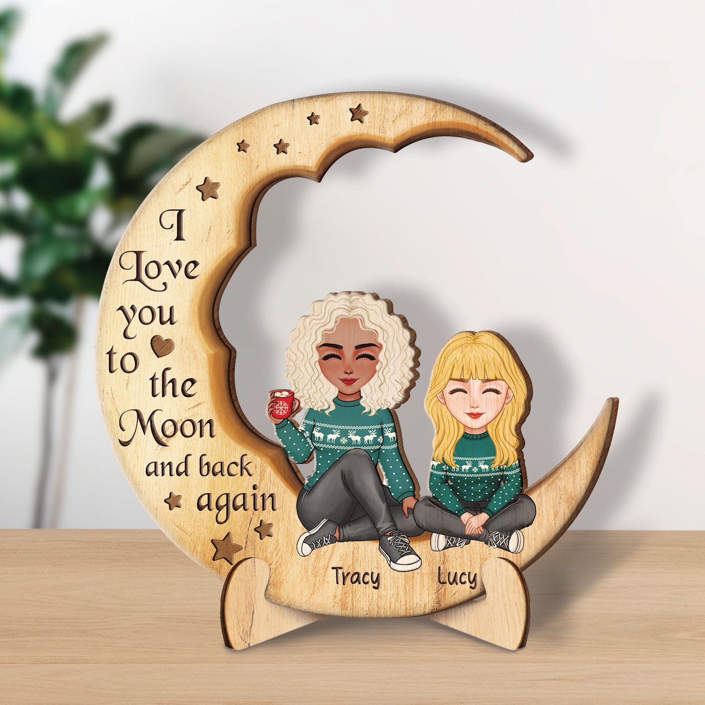 Family - Cute Grandma & Grandkid On Moon - Personalized 2 Layered Wooden Ornament