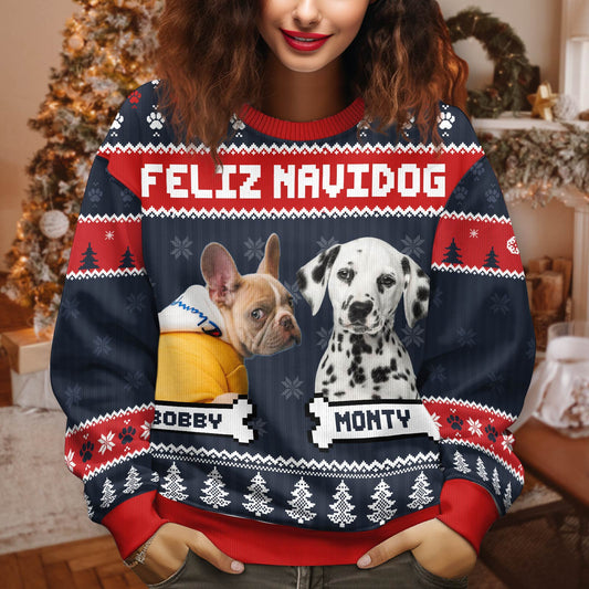 Pet Lovers - Custom Photo Feliz Navidog - Personalized Ugly Sweater