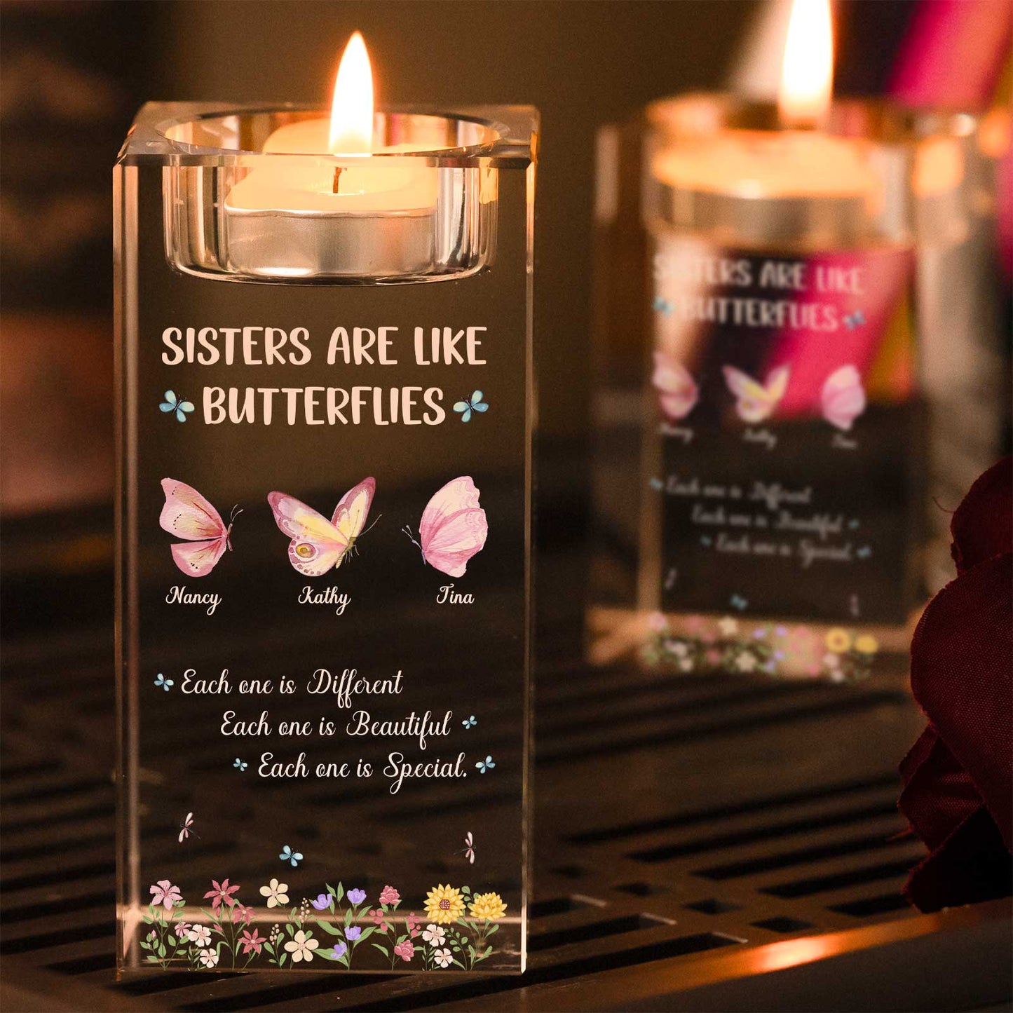 Family - Sisters Are Like Butterflies - Personalized Crystal Candle Holder