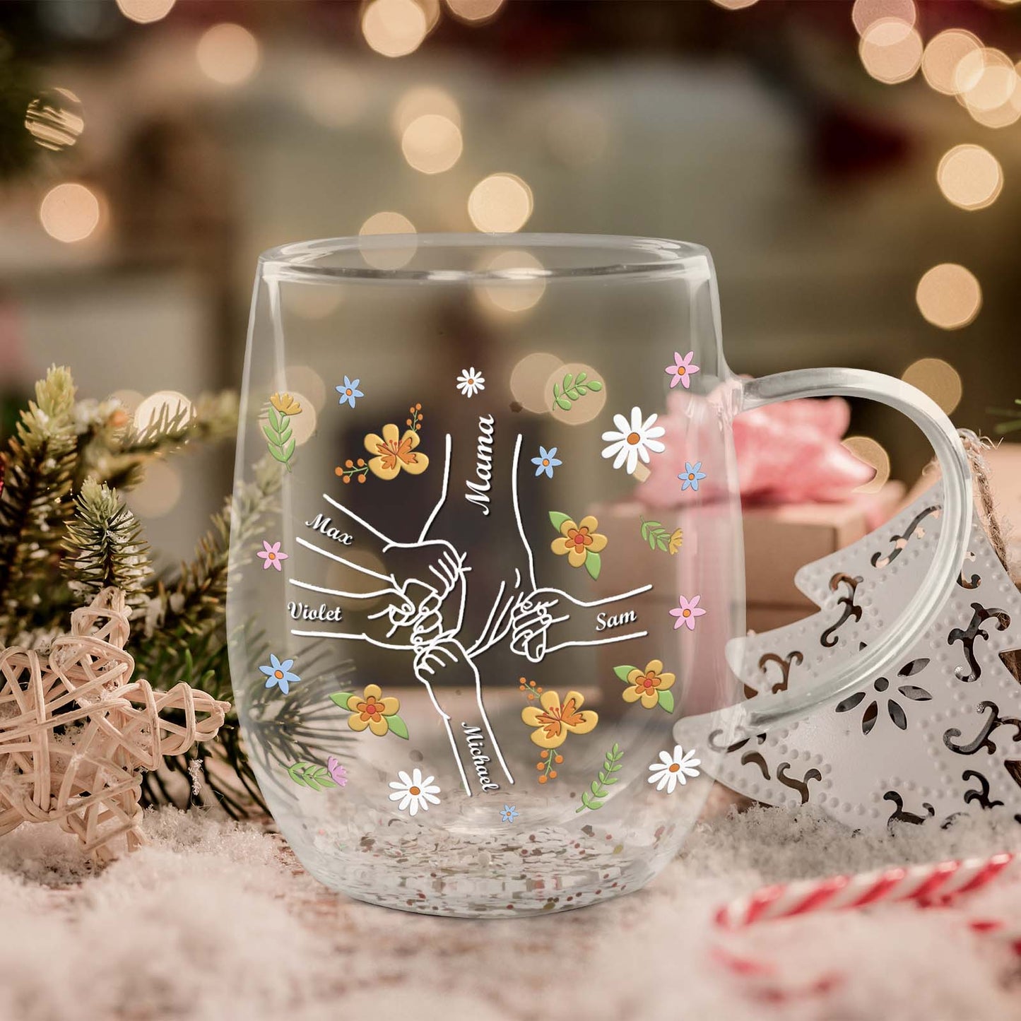 Family - Mom's Hand - Personalized Double Walled Glass Mug