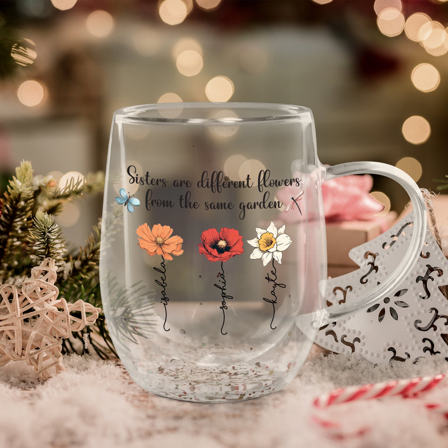 Bestie - Gift For Besties/Sisters - Personalized Double Walled Flowers Glass Mug