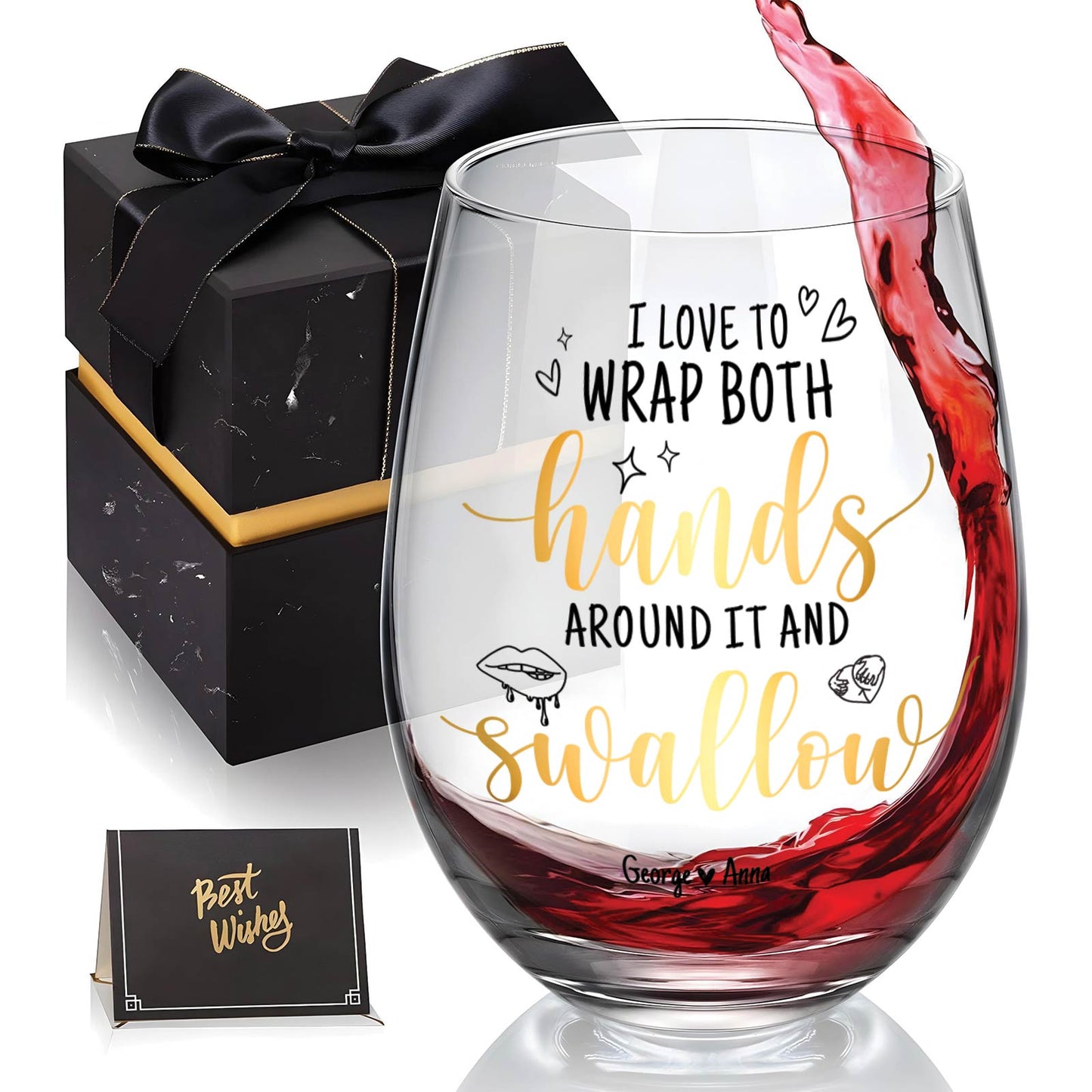 Couple - I Love To Wrap My Hands Around It and Swallow - Personalized Stemless Wine Glass