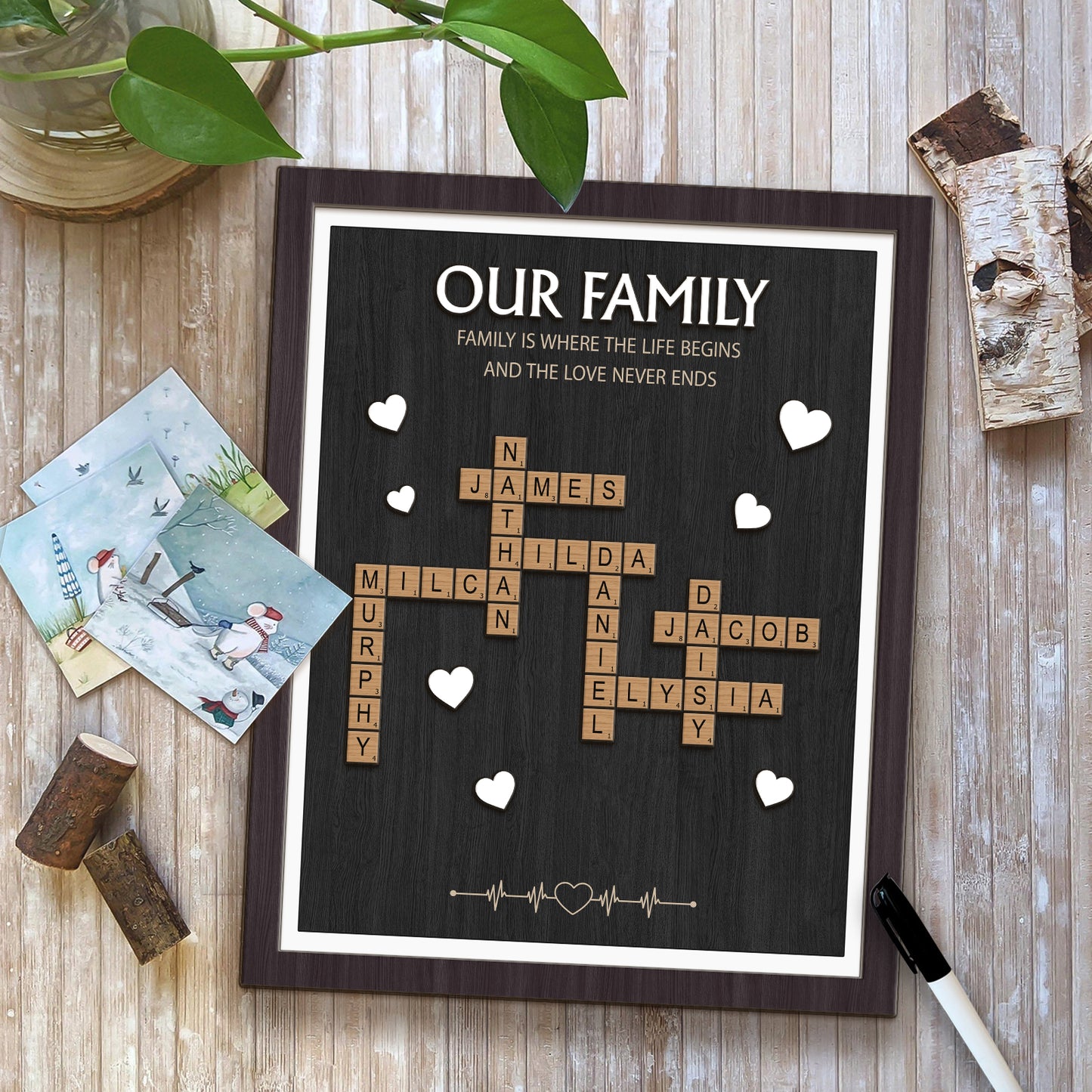 Family - Forever Linked Together - Personalized Crossword Scrabble Wooden Sign