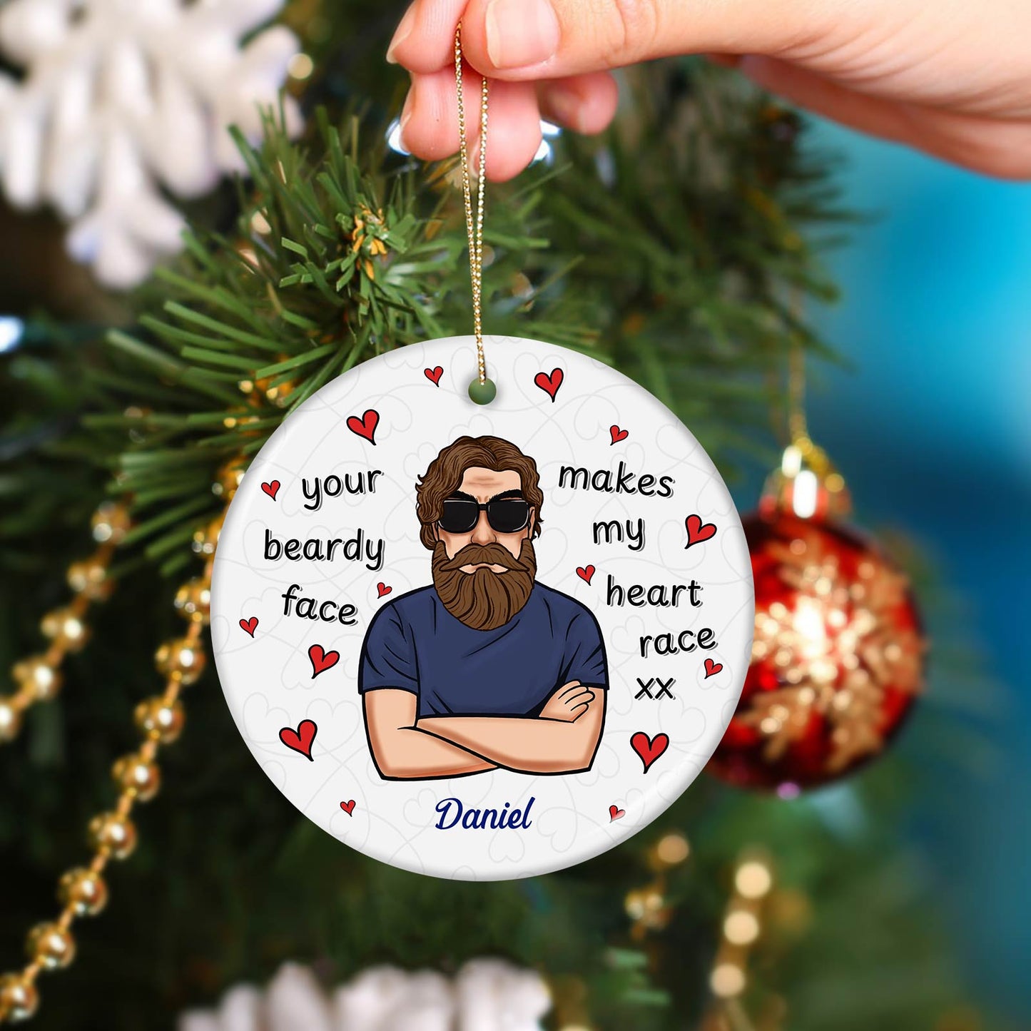 Family - Beard Face - Personalized Circle Ceramic Ornament