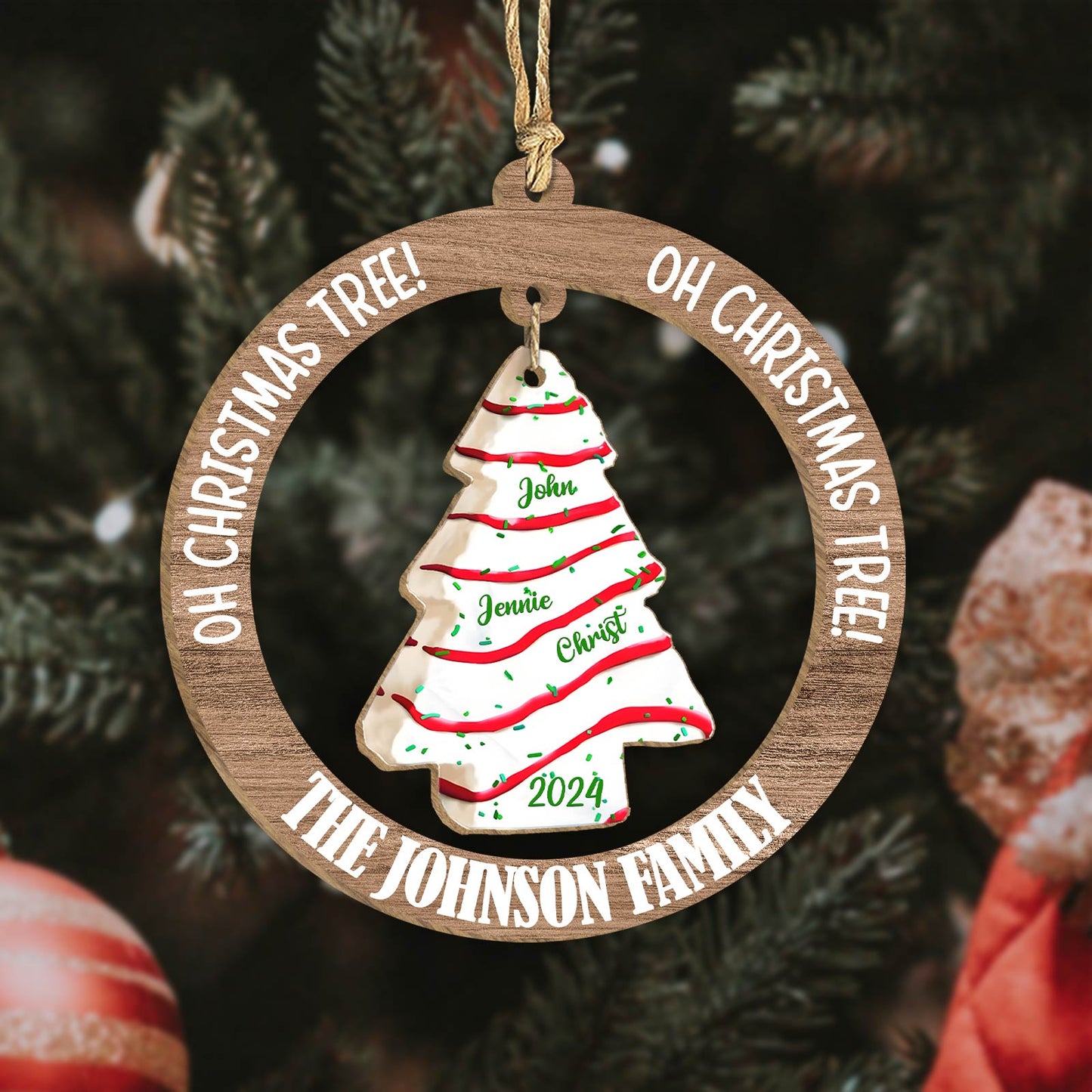 Family - Christmas Tree Cake - Personalized Wooden Hanging Ornament