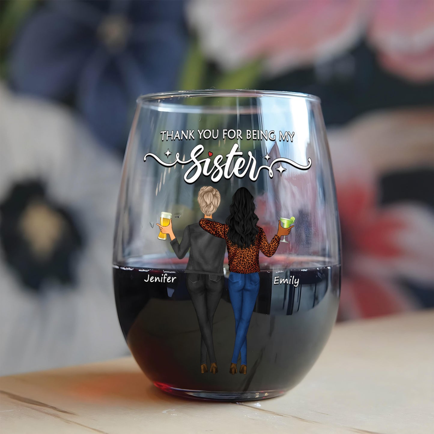 Bestie - Thank you For Being My Sister - Personalized Stemless Wine Glass