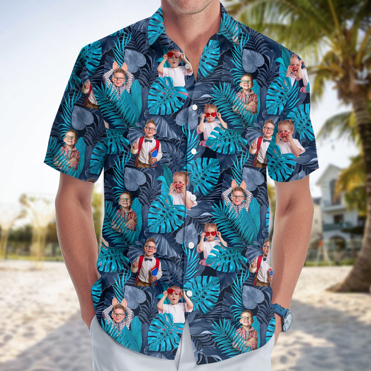 Custom Shirt – Blue Tropical Linen Shirt