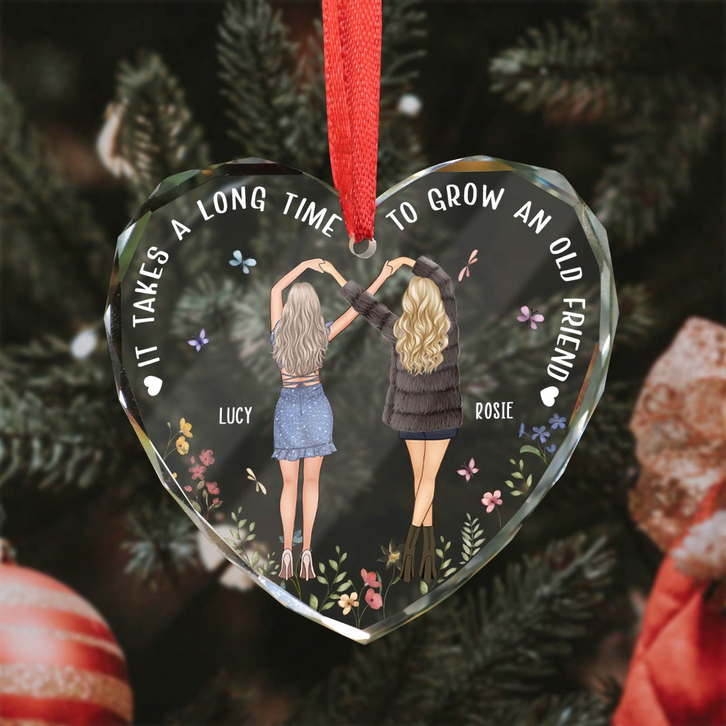 Bestie - It Takes A Long Time To Grow An Old Friend - Personalized Heart Shape Glass Ornament