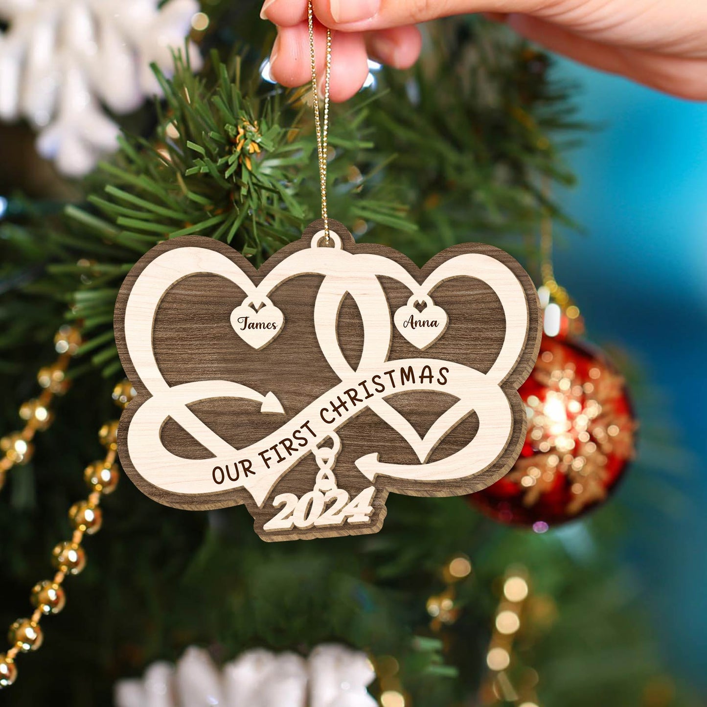 Couple - Our First Christmas 2024 - Personalized Two Hearts Ornament