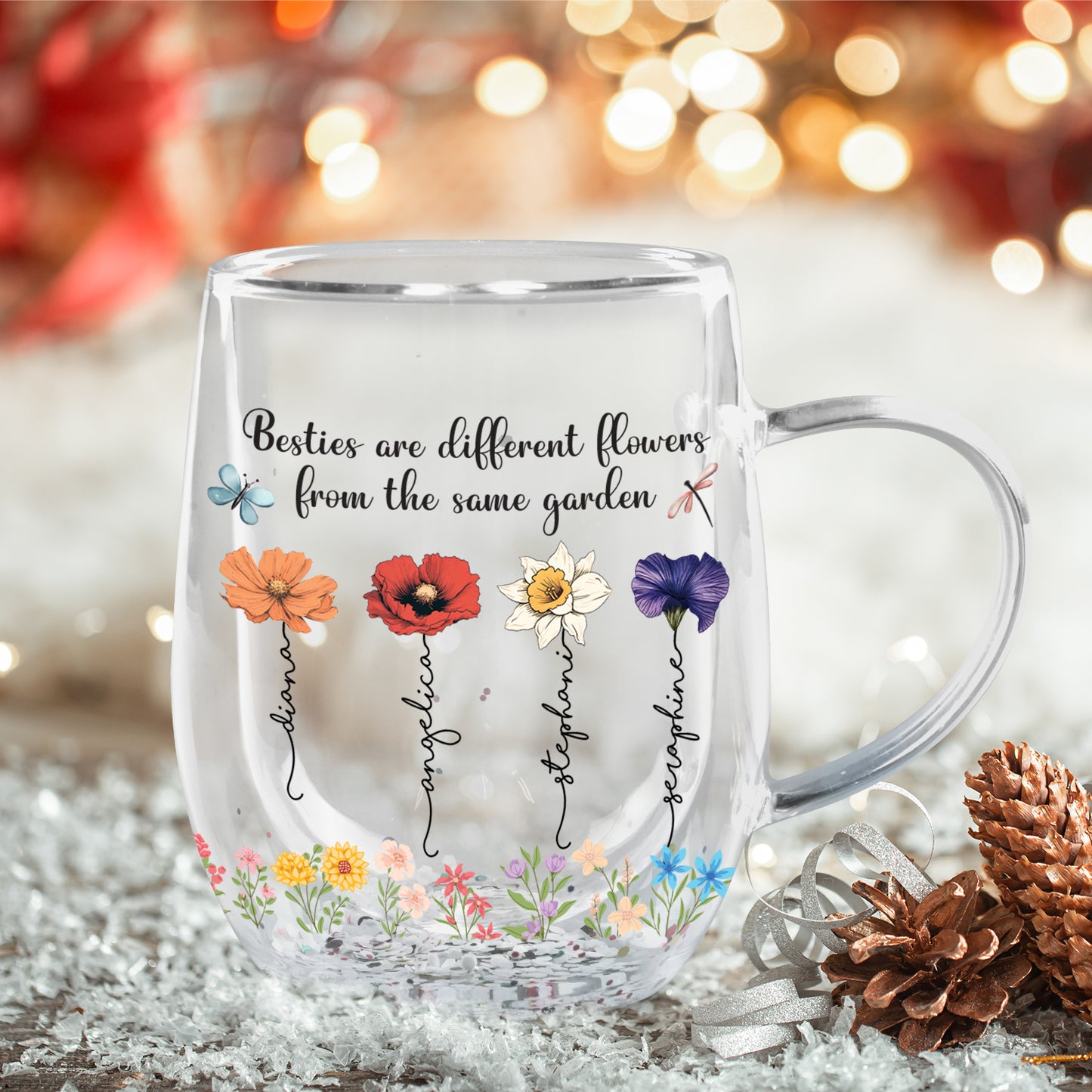 Bestie - Gift For Besties/Sisters - Personalized Double Walled Flowers Glass Mug