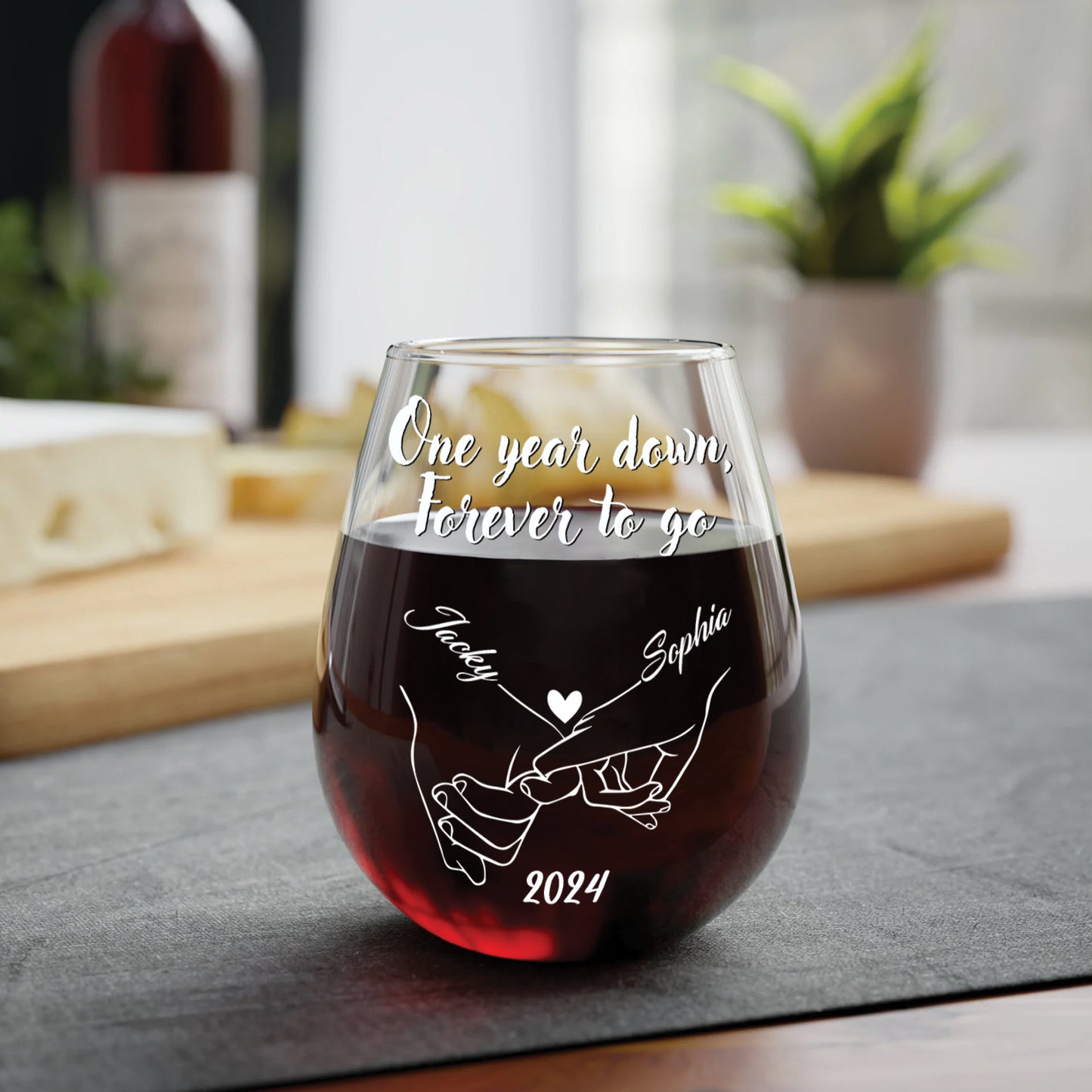 Couple - One Year Down, Forever To Go - Personalized Holding Hand Wine Glass