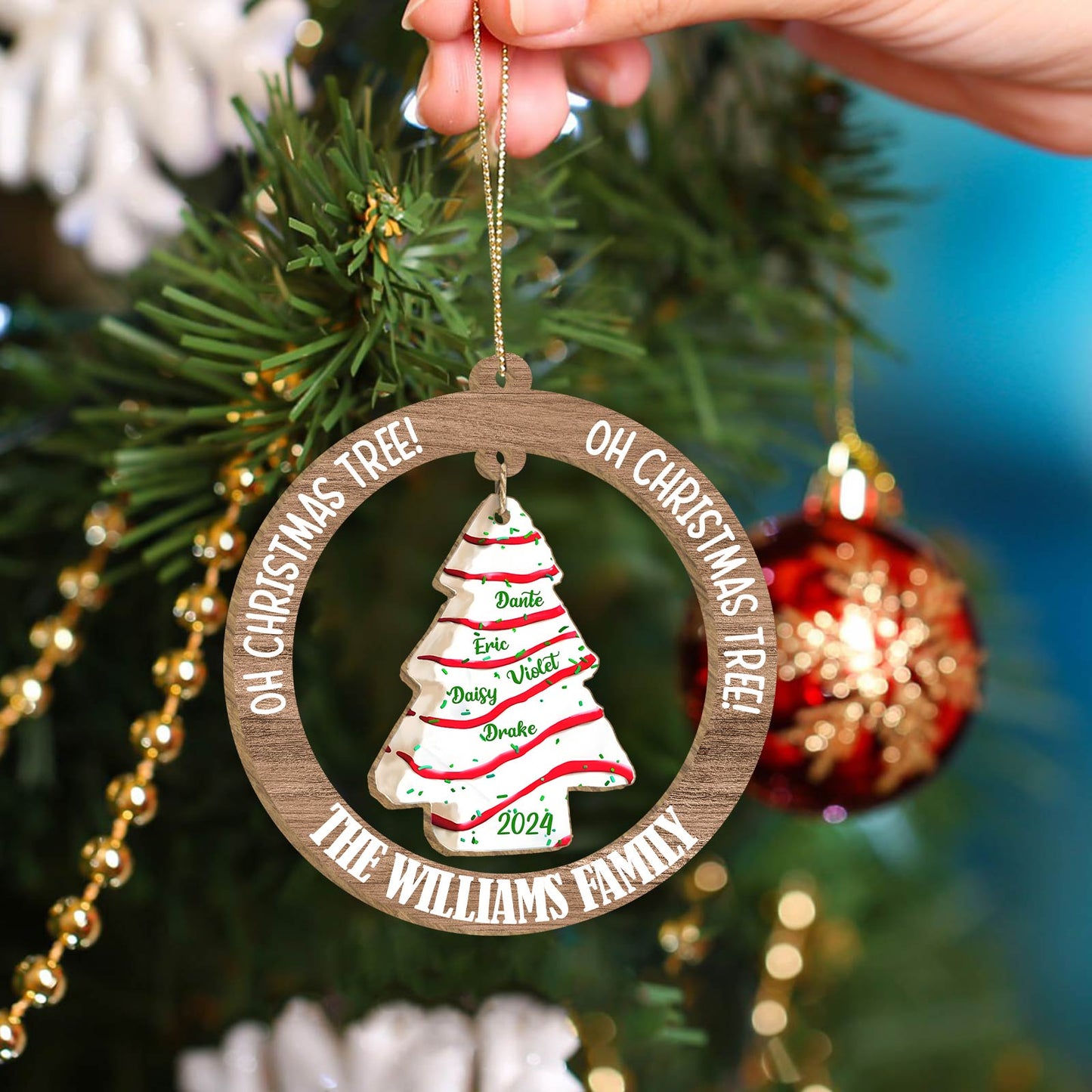 Family - Christmas Tree Cake - Personalized Wooden Hanging Ornament