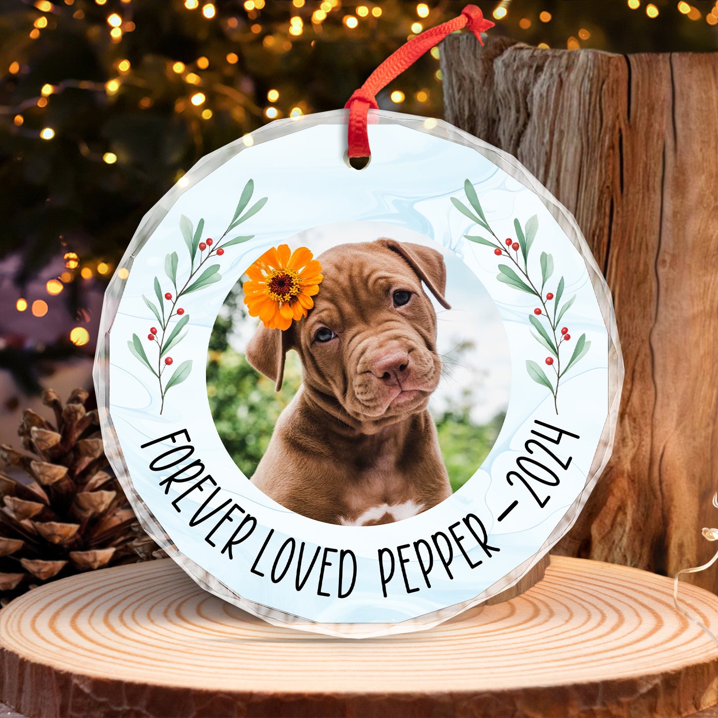 Pet Lovers - Custom Photo Forever Loved Memorial - Personalized Circle Glass Ornament