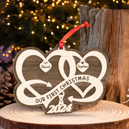 Couple - Our First Christmas 2024 - Personalized Two Hearts Ornament