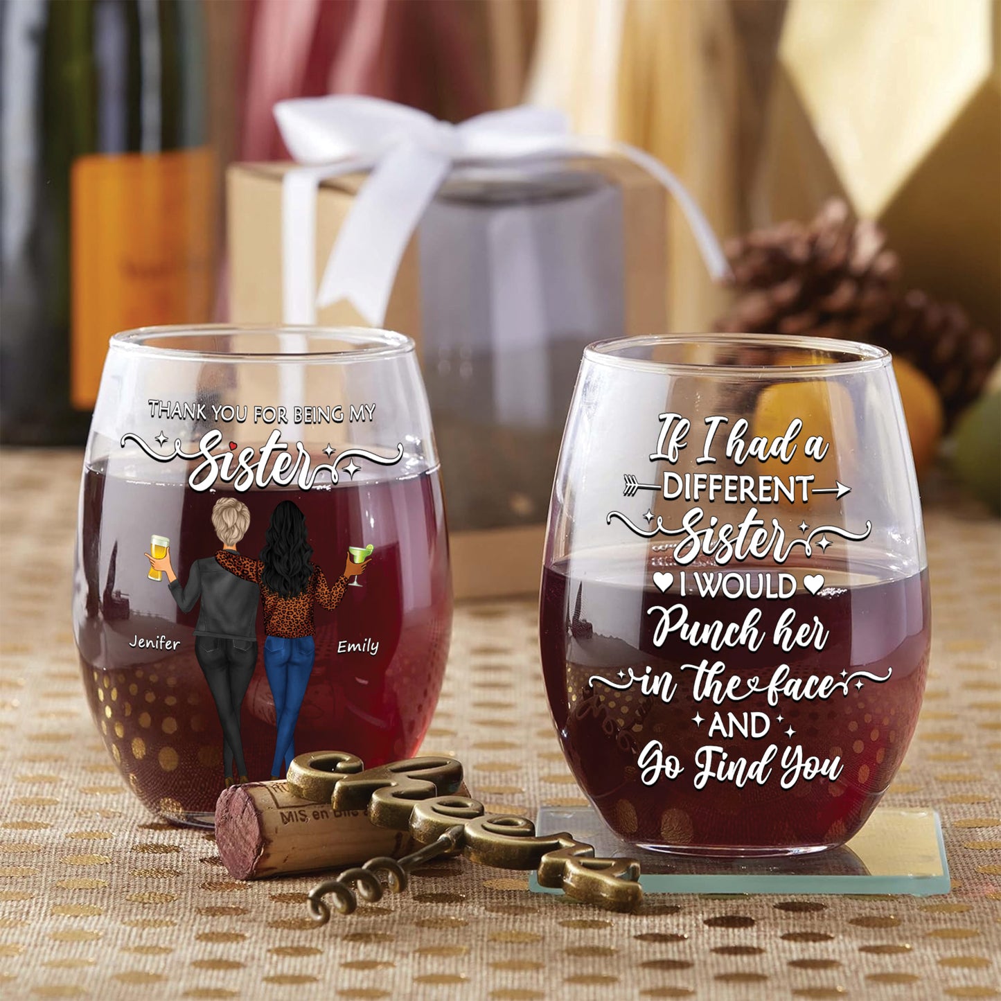 Bestie - Thank you For Being My Sister - Personalized Stemless Wine Glass