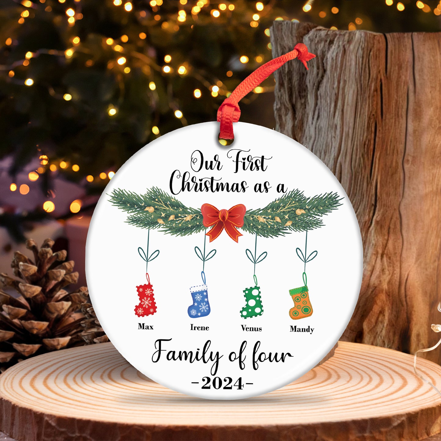 Family - Our First Christmas As A ""  - Personalized Circle Ceramic Socks Christmas Ornament