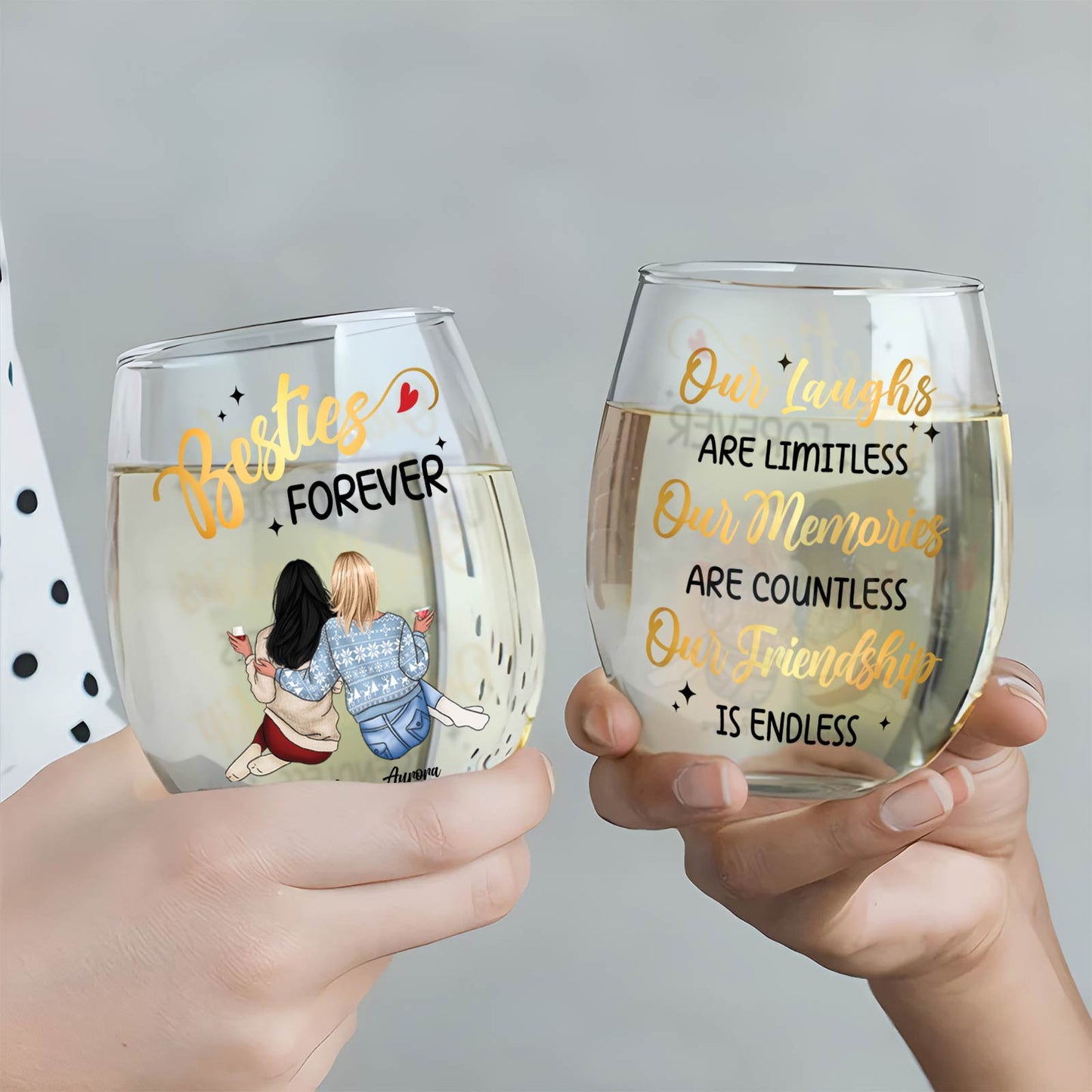 Bestie - Our Laughs Are Limitless. Our Memories Are Countless. Our Friendship Is Endless - Personalized Wine Glass