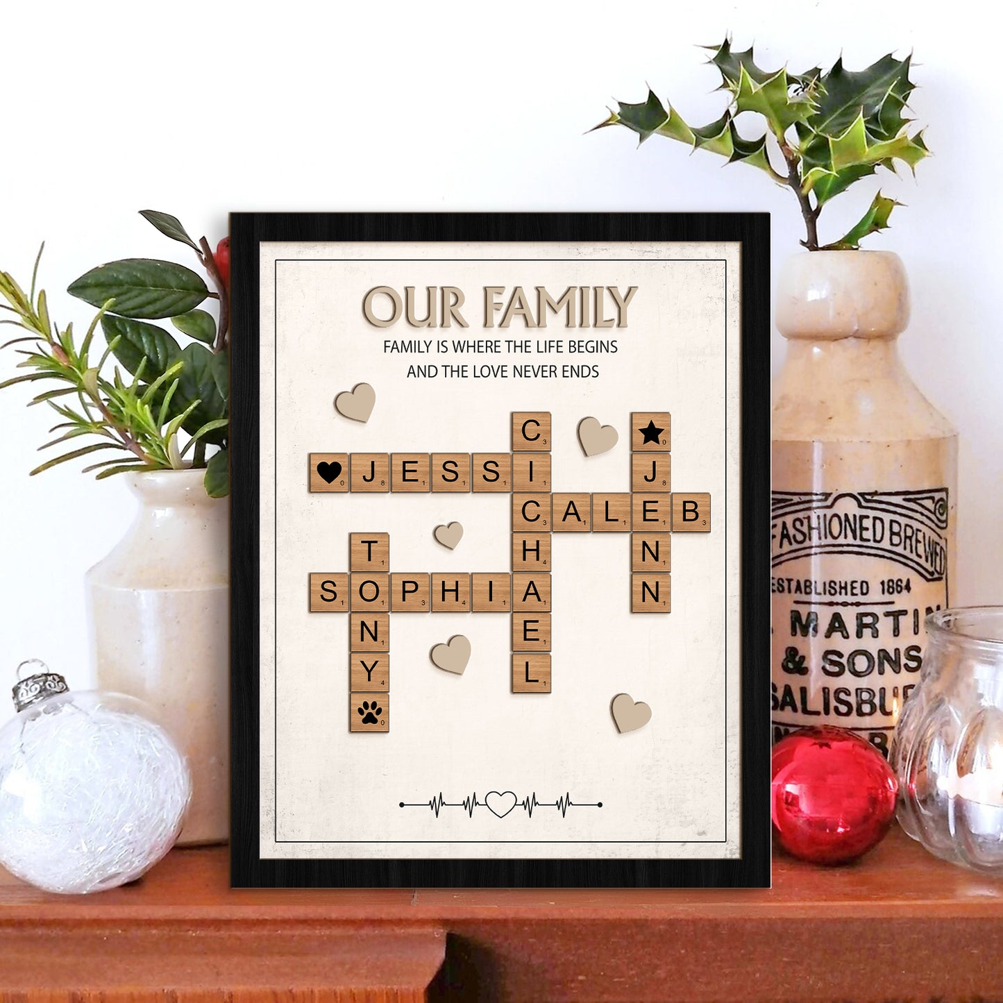 Family - Forever Linked Together - Personalized Crossword Scrabble Wooden Sign