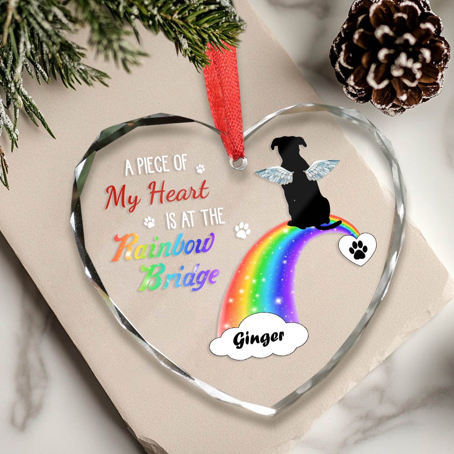 Pet Lover - A Piece Of My Heart At The Rainbow Bridge - Personalized Heart Shape Glass Ornament