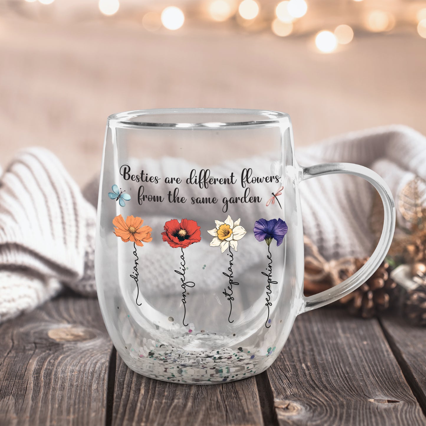 Bestie - Gift For Besties/Sisters - Personalized Double Walled Flowers Glass Mug