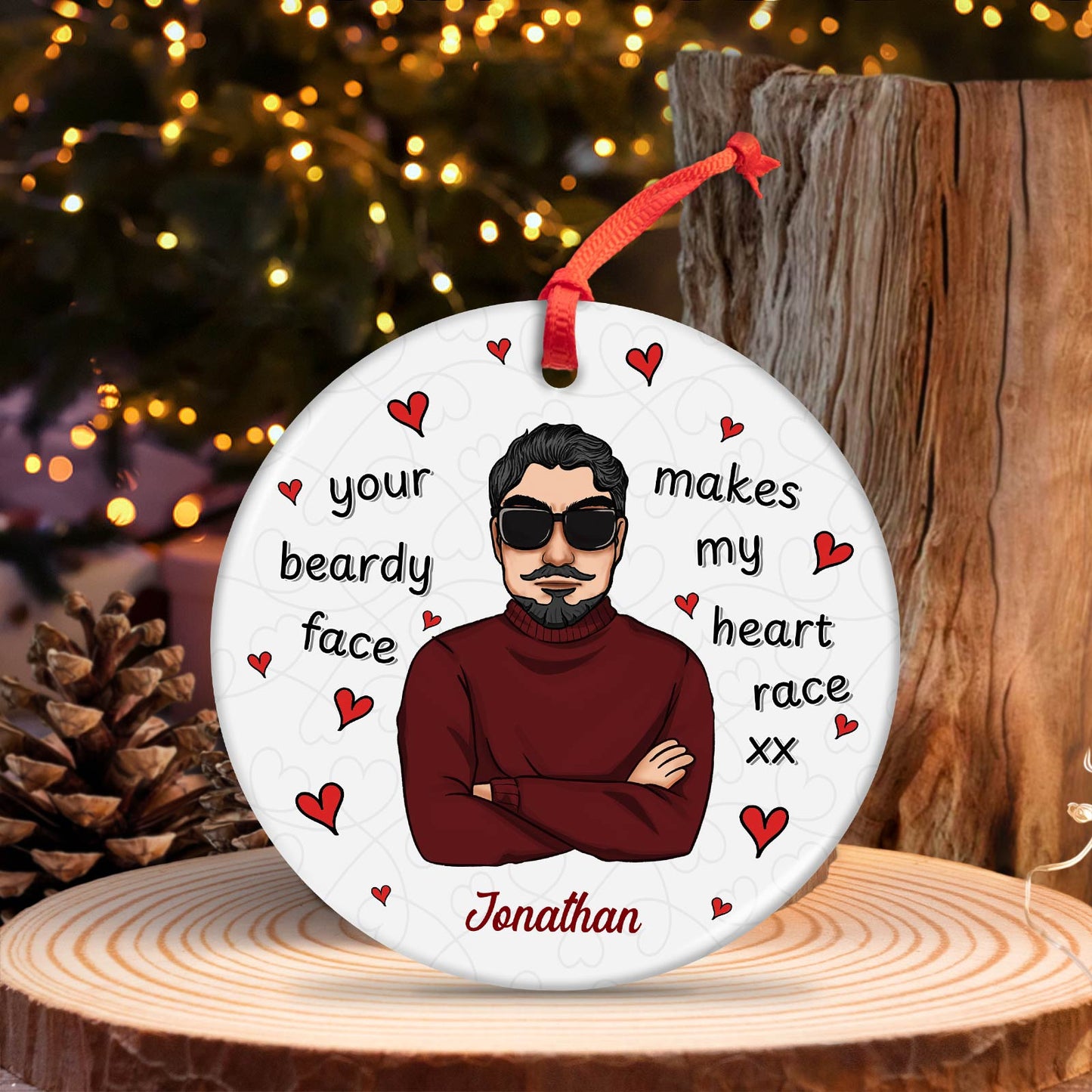 Family - Beard Face - Personalized Circle Ceramic Ornament