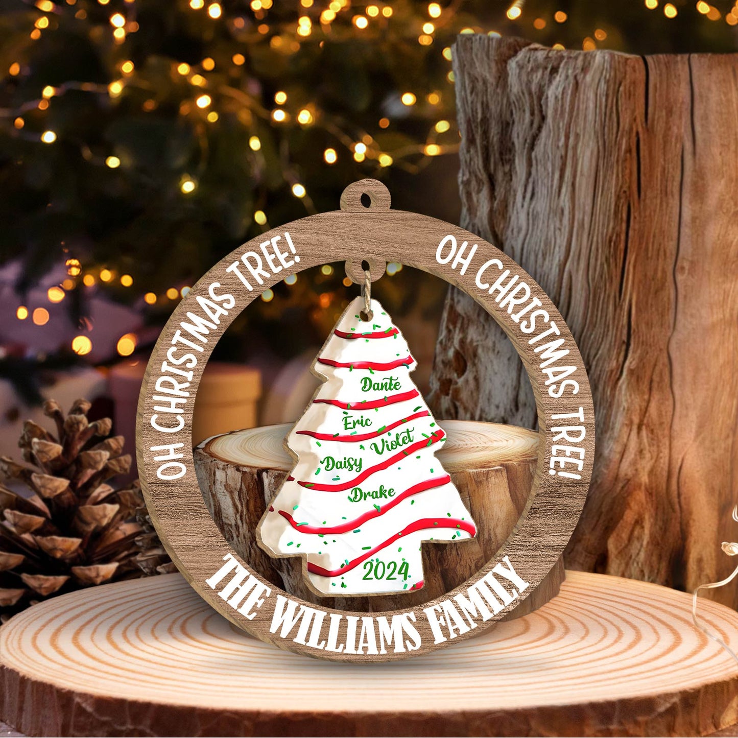 Family - Christmas Tree Cake - Personalized Wooden Hanging Ornament