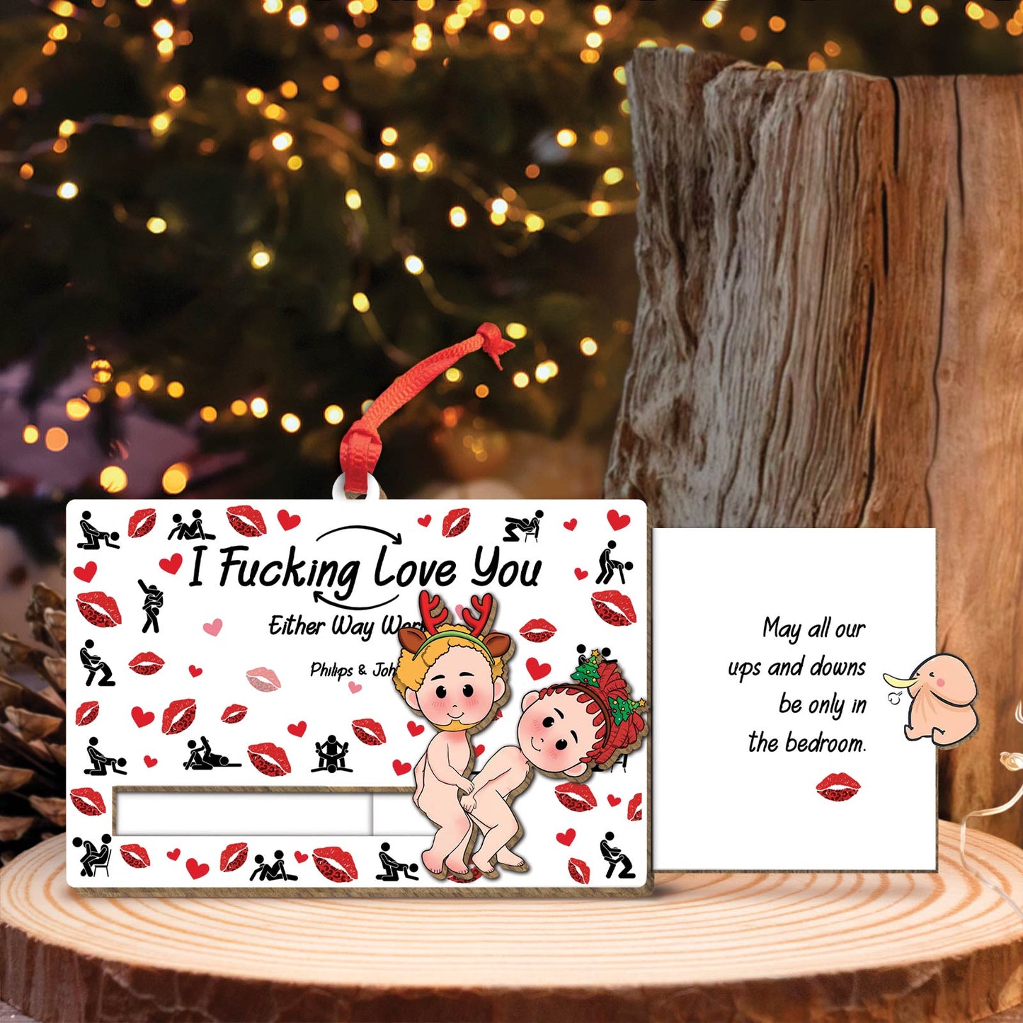 Couple - I Fucking Love You - Personalized Wooden Slider Ornament Version 2