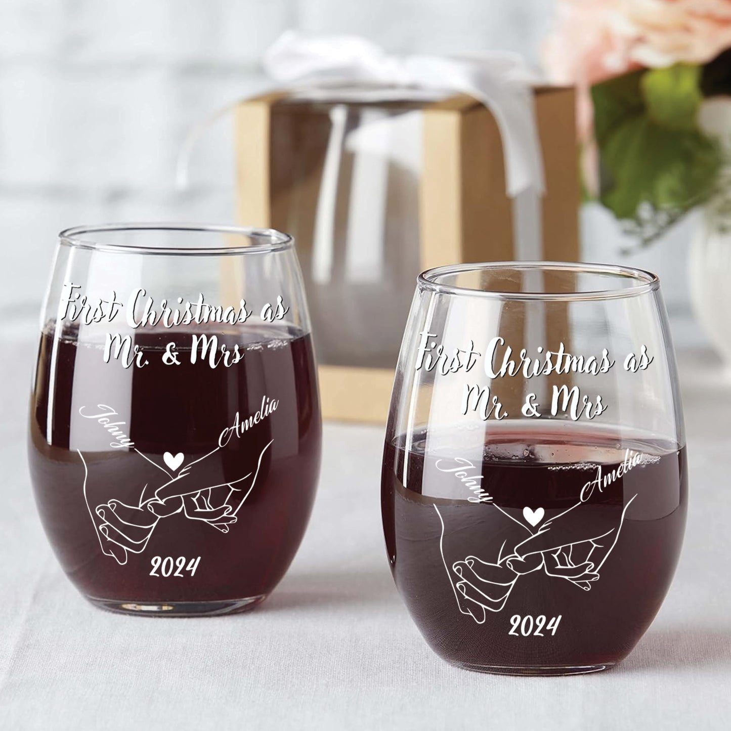 Couple - One Year Down, Forever To Go - Personalized Holding Hand Wine Glass