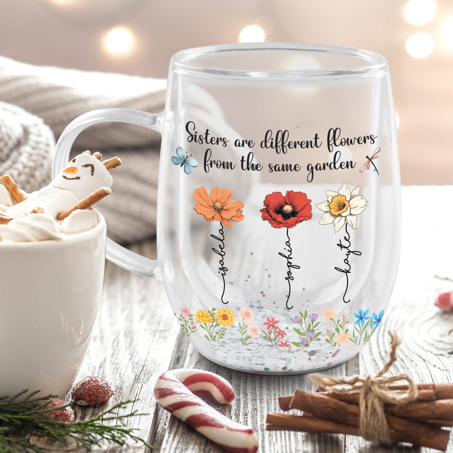 Bestie - Gift For Besties/Sisters - Personalized Double Walled Flowers Glass Mug