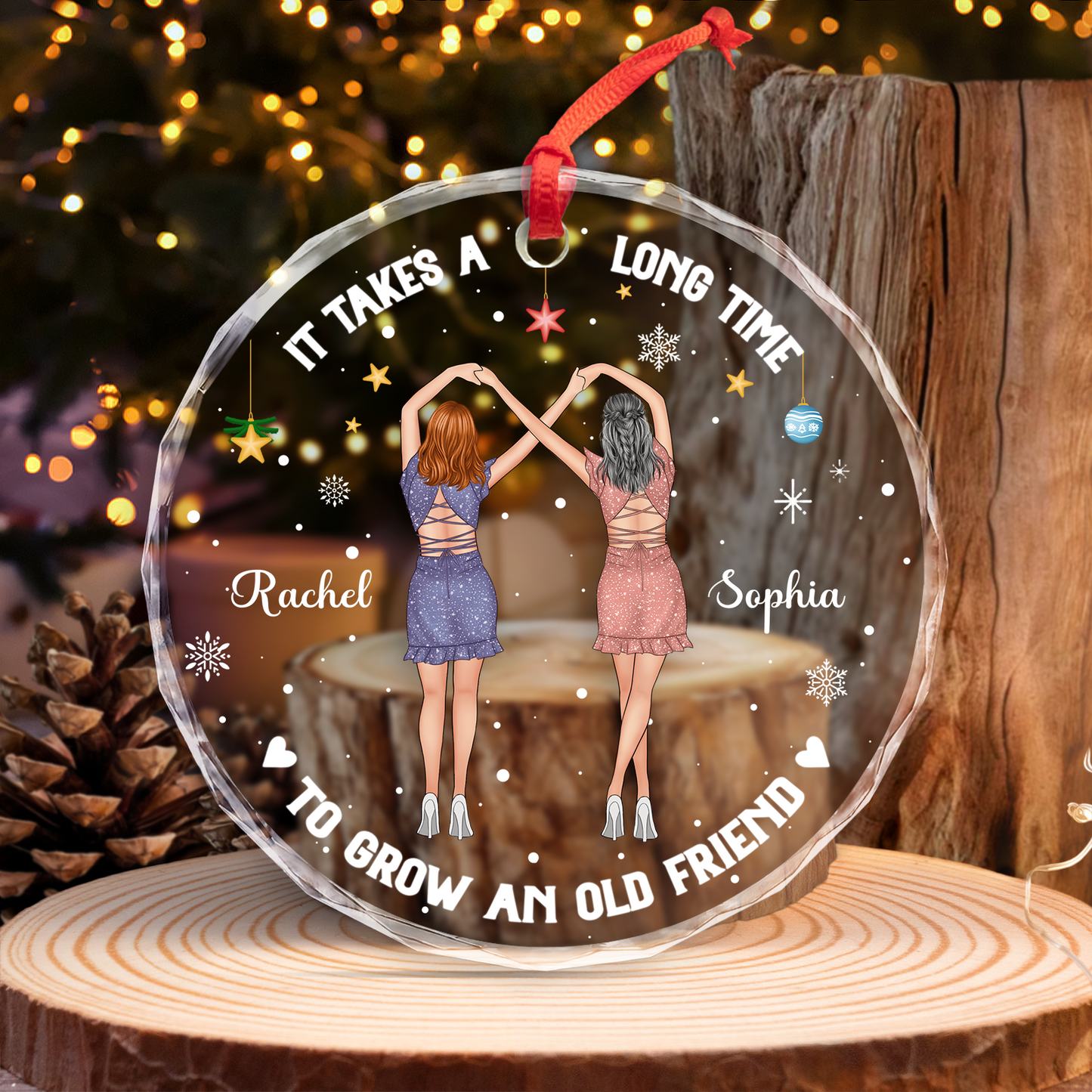 Besties - It Takes A Long Time To Grow An Old Friend - Personalized Circle Glass Ornament