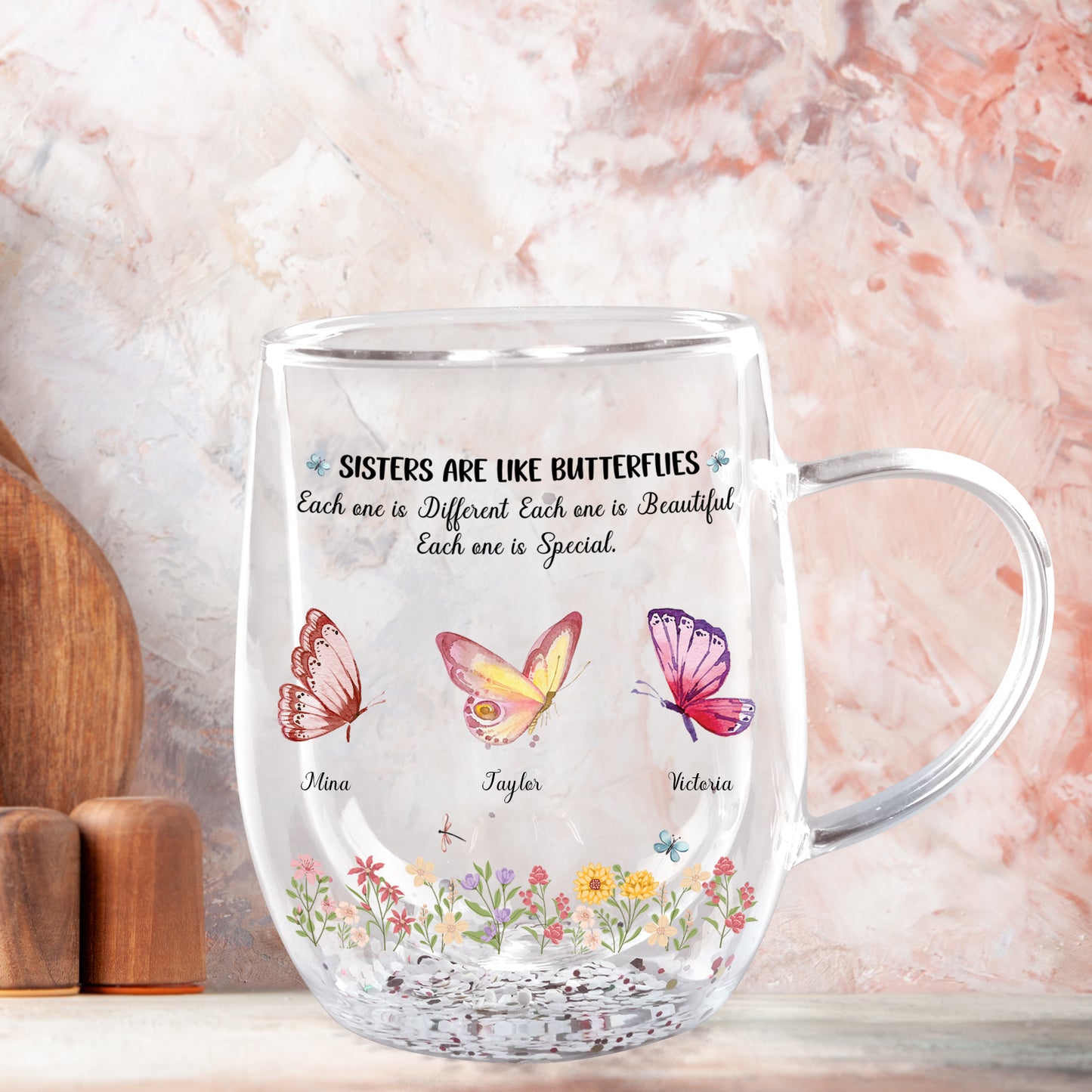 Besties - Sister Are The Gardeners Of Our Souls - Personalized Flower Double Walled Glass