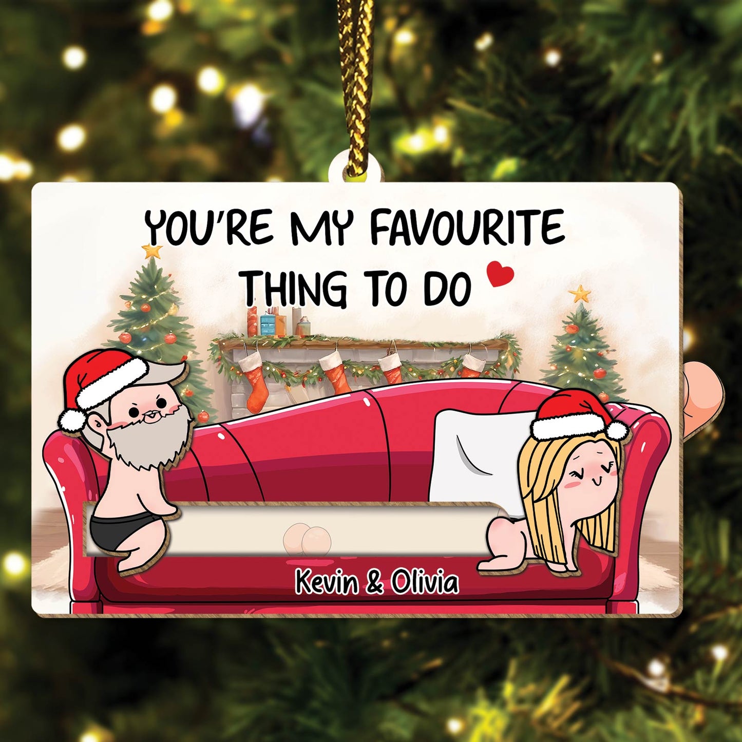 Couple - Naughty Couple On Sofa - Personalized Wooden Slider Ornament