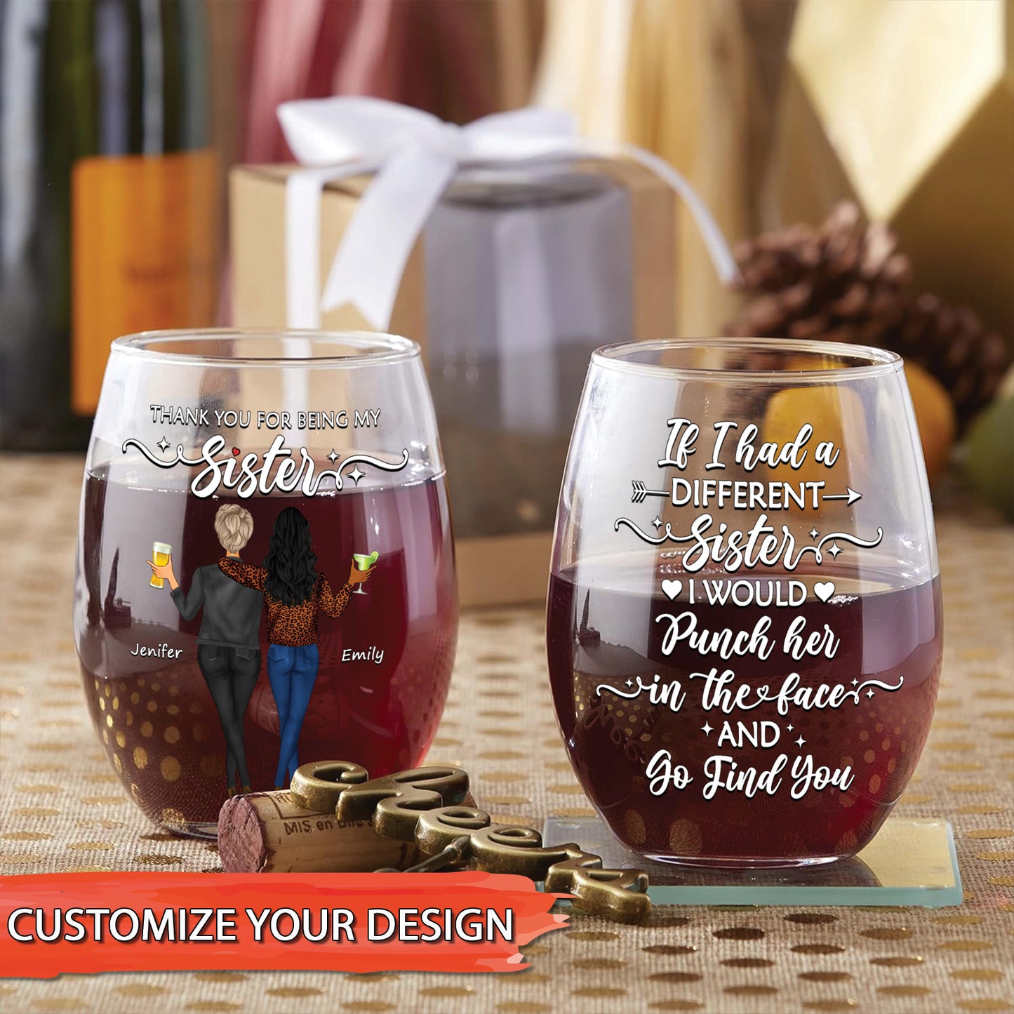 Bestie - Thank you For Being My Sister - Personalized Stemless Wine Glass